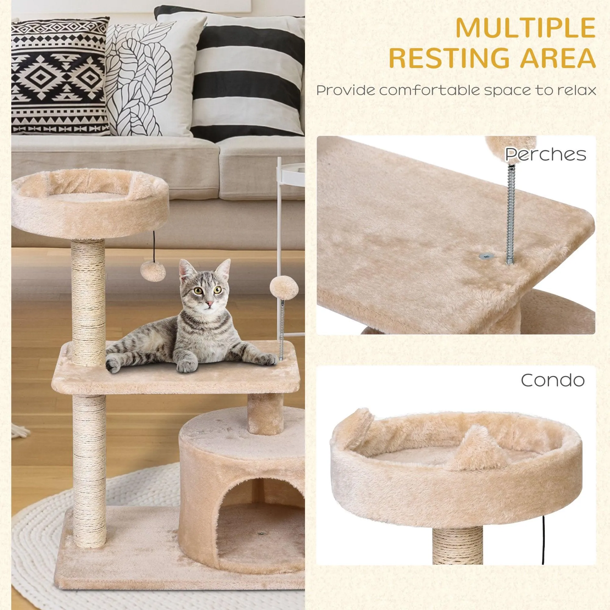 3-Tier Cat Tower w/ Hide-Away House & Ball Toys - Beige