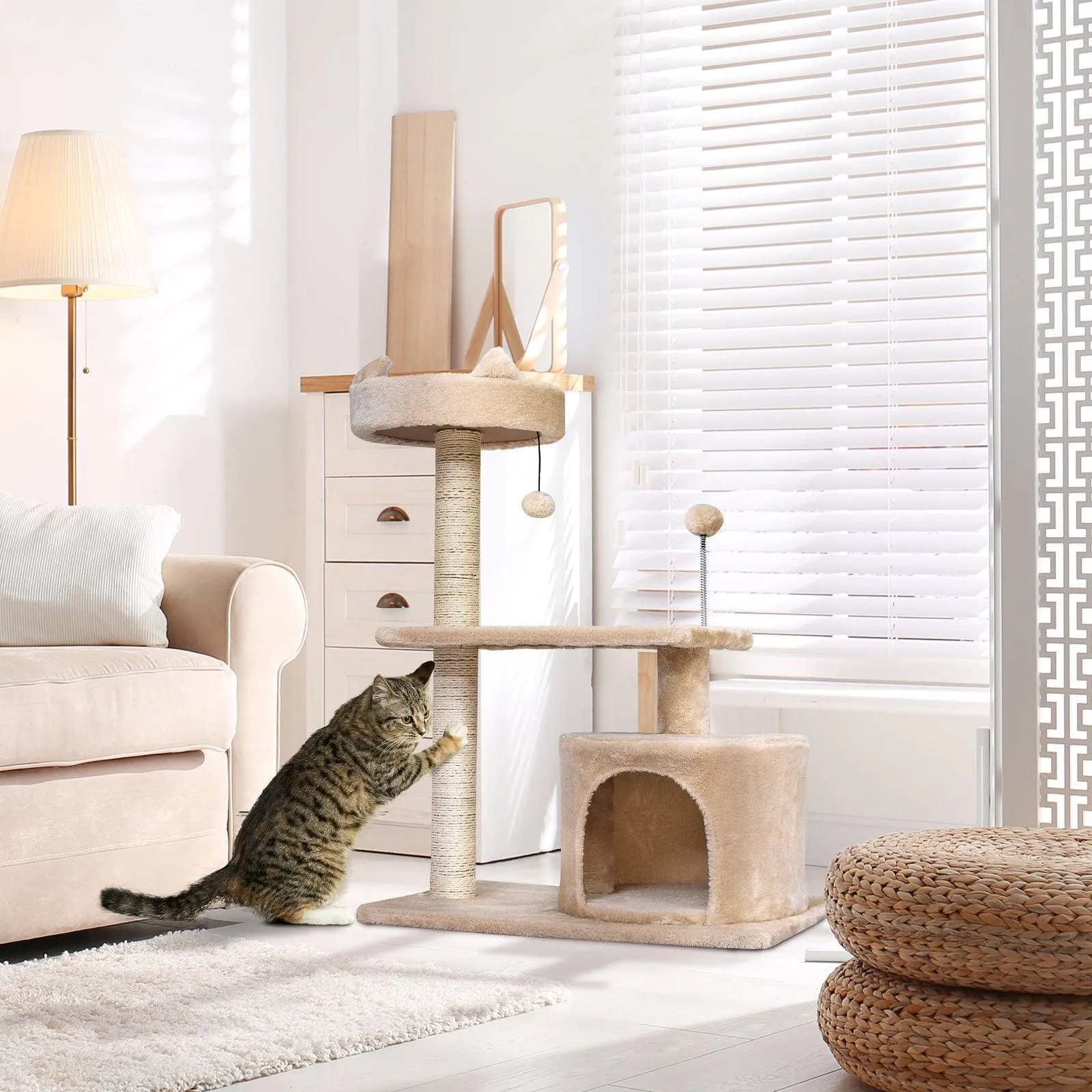 3-Tier Cat Tower w/ Hide-Away House & Ball Toys - Beige