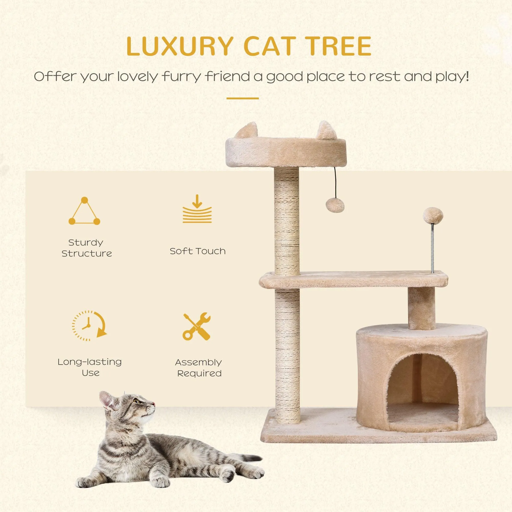 3-Tier Cat Tower w/ Hide-Away House & Ball Toys - Beige
