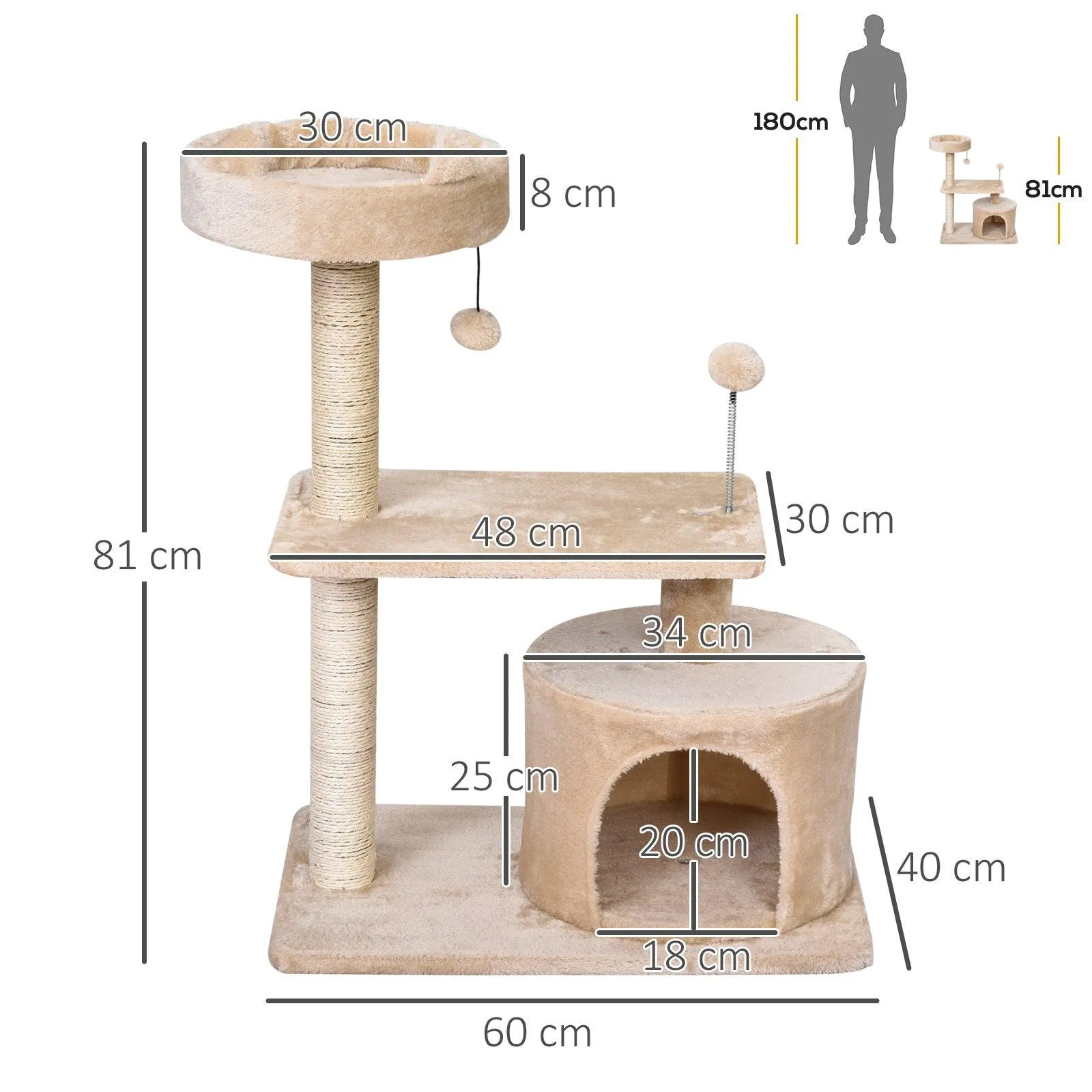 3-Tier Cat Tower w/ Hide-Away House & Ball Toys - Beige