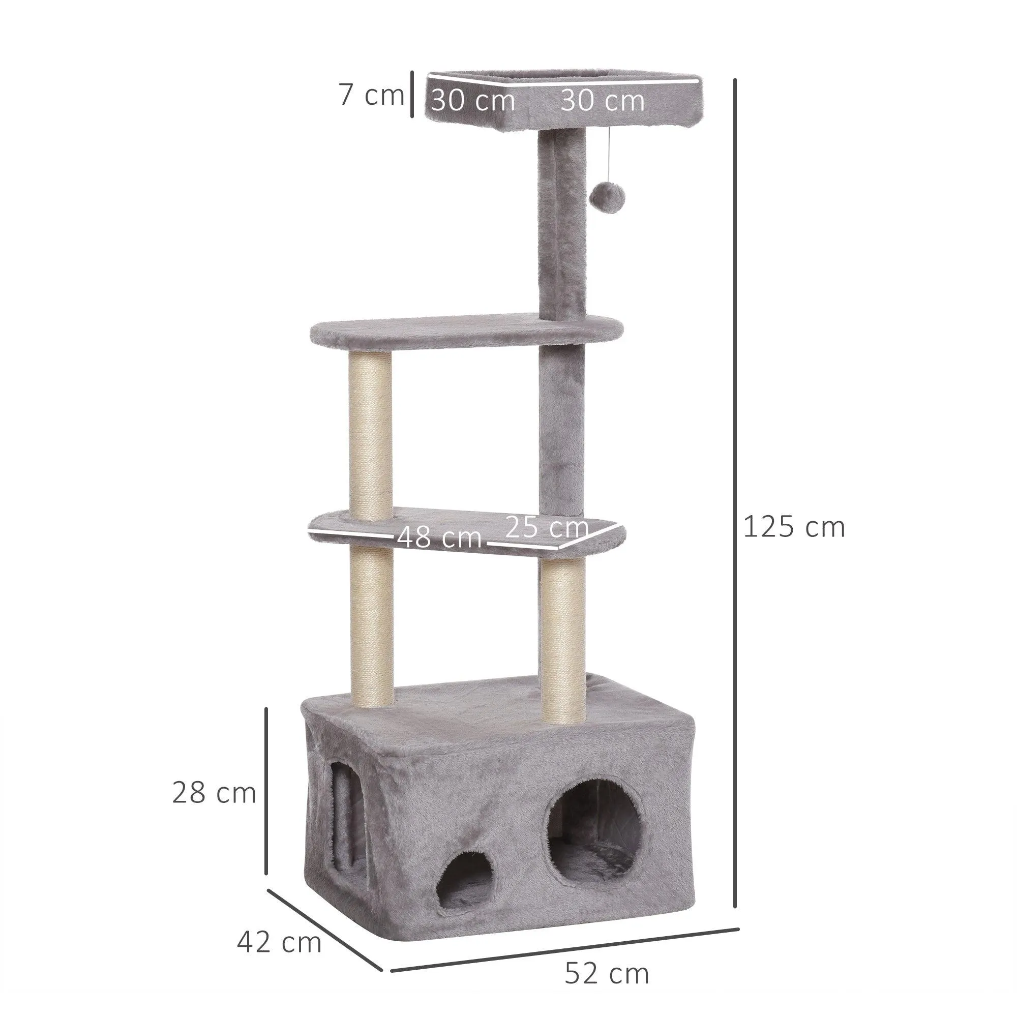 4-Level Cat Tower with Hanging Ball Toys, 125cm - Grey