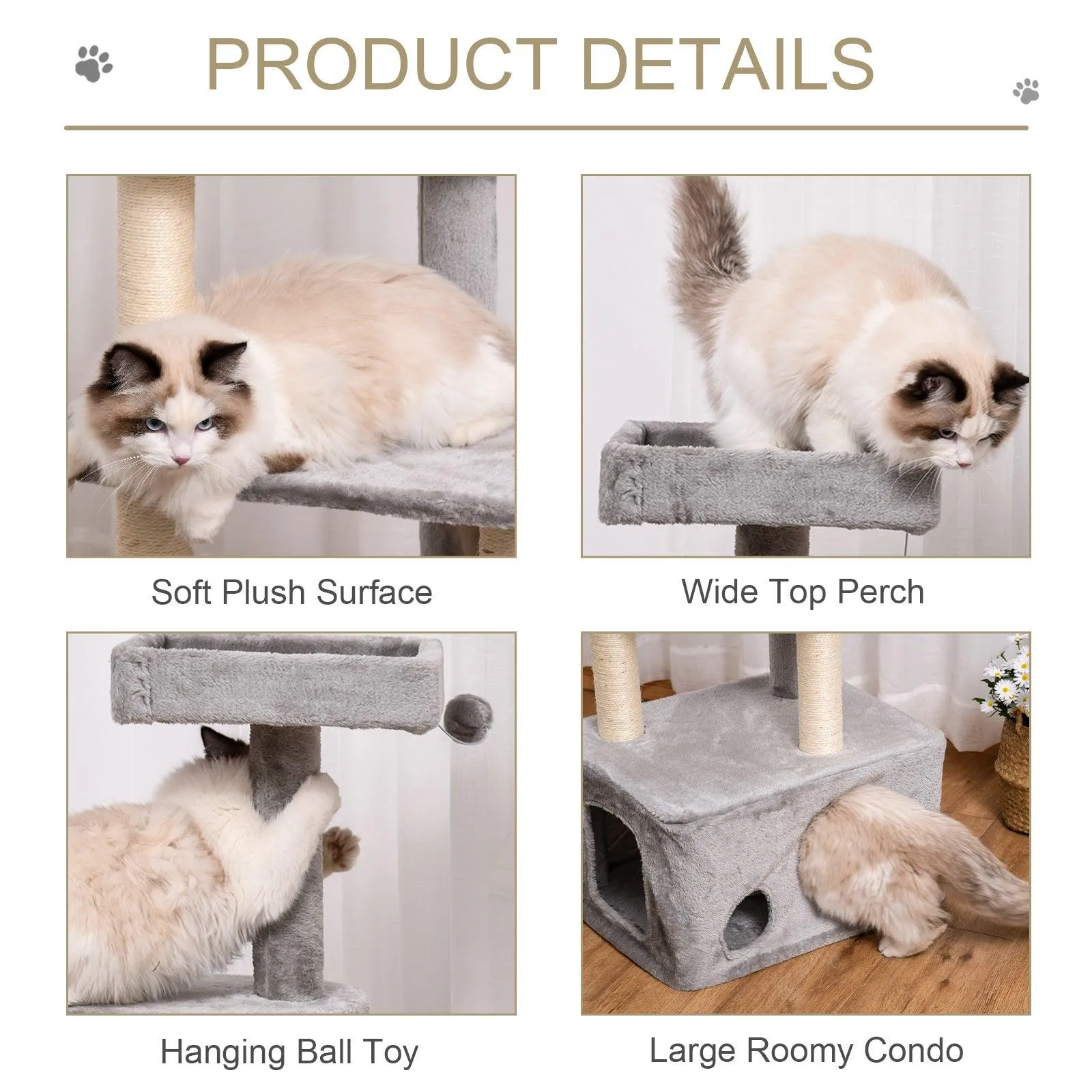 4-Level Cat Tower with Hanging Ball Toys, 125cm - Grey