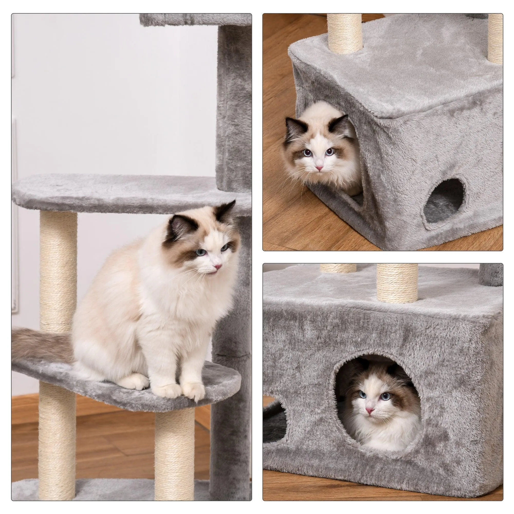 4-Level Cat Tower with Hanging Ball Toys, 125cm - Grey