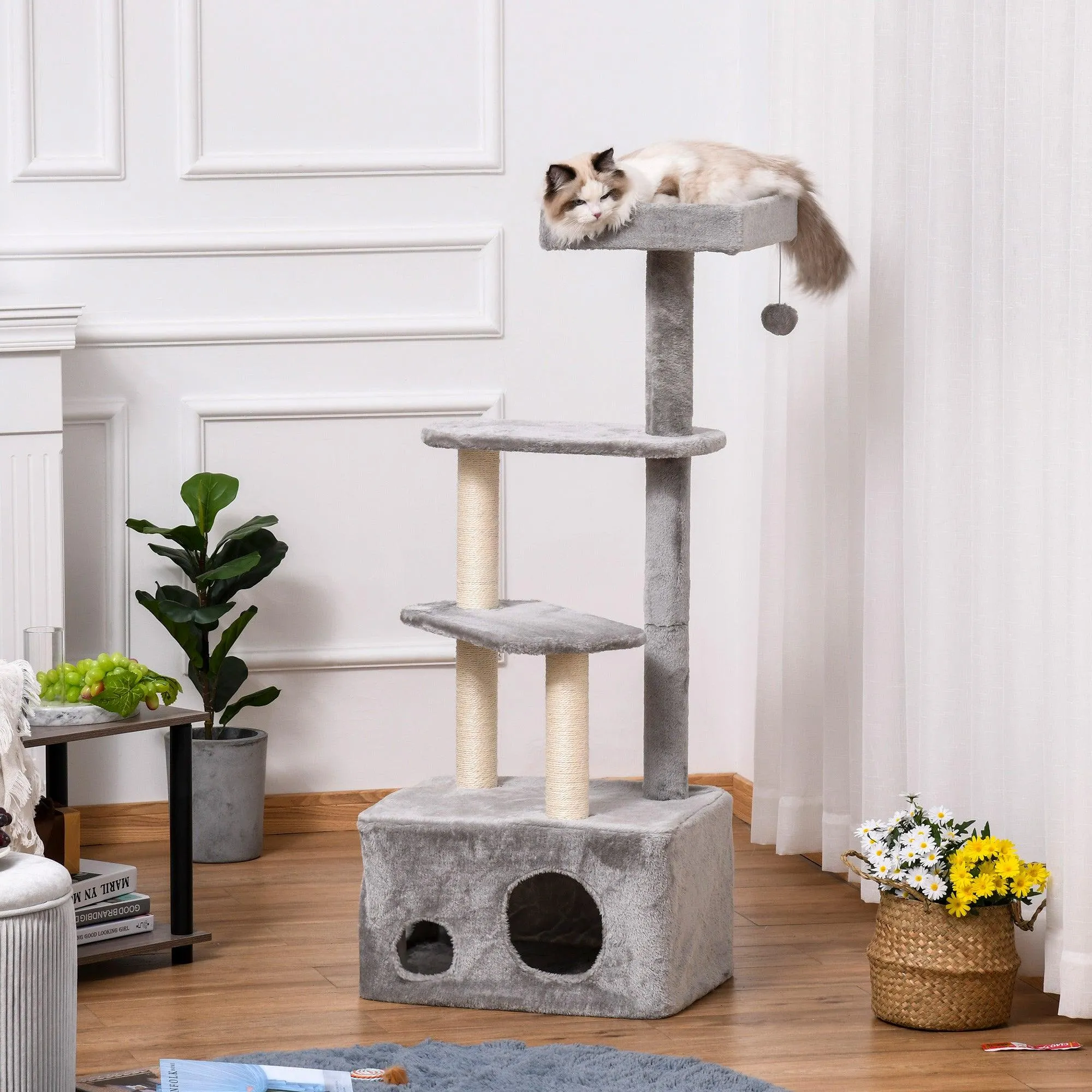 4-Level Cat Tower with Hanging Ball Toys, 125cm - Grey