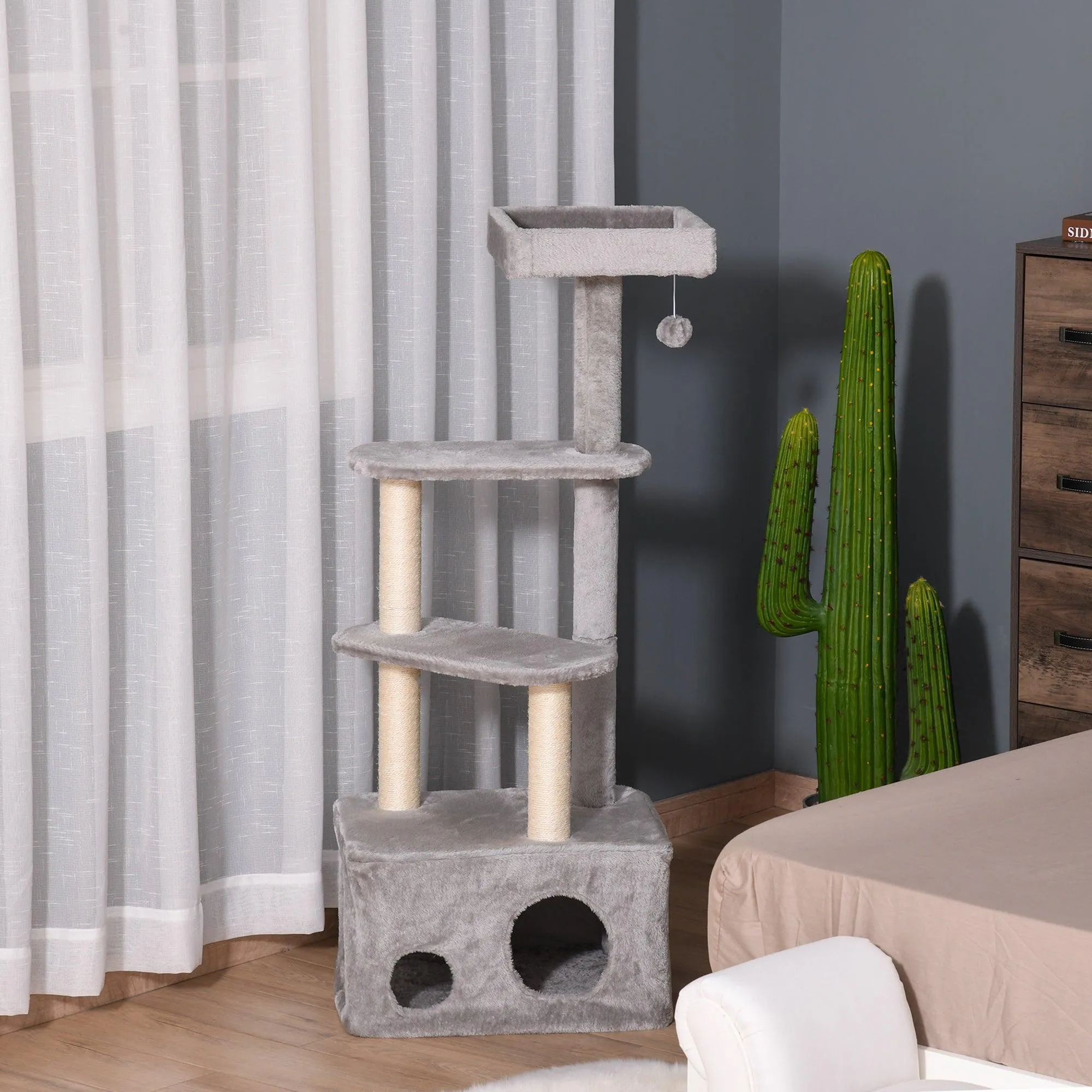 4-Level Cat Tower with Hanging Ball Toys, 125cm - Grey