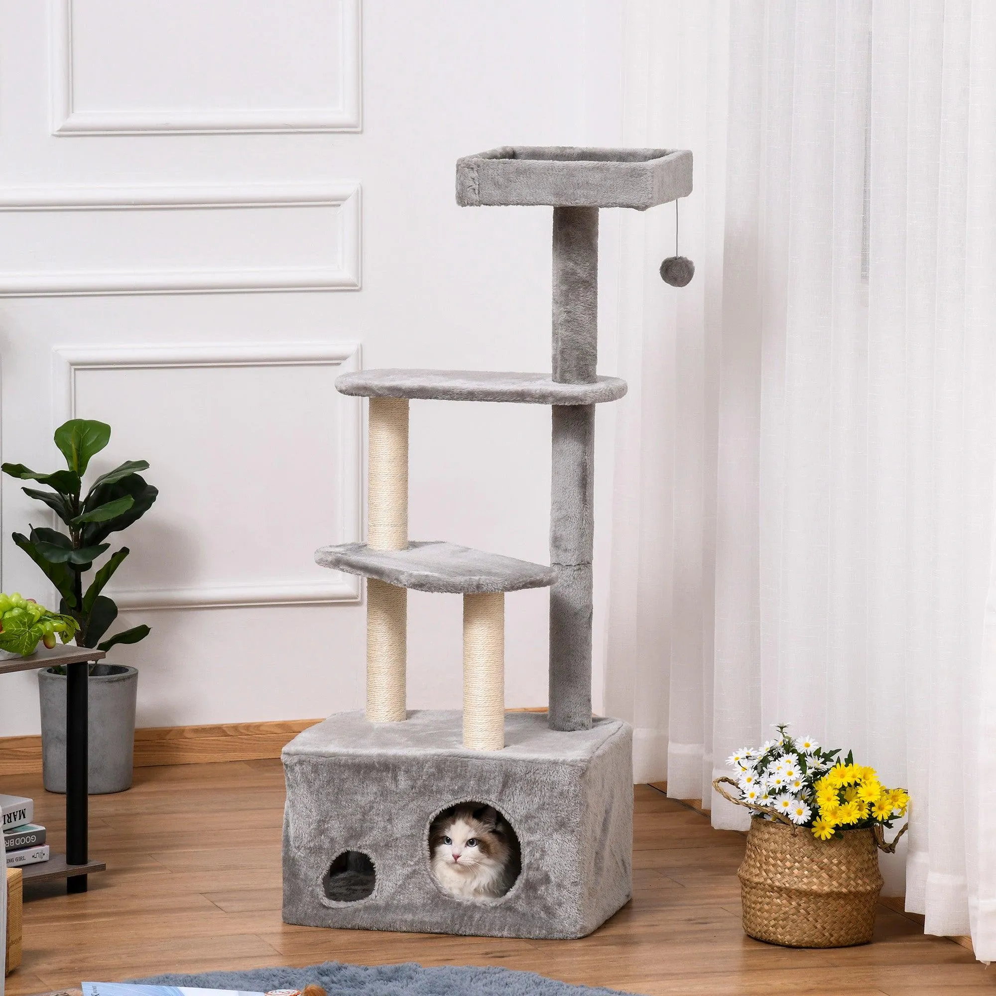 4-Level Cat Tower with Hanging Ball Toys, 125cm - Grey