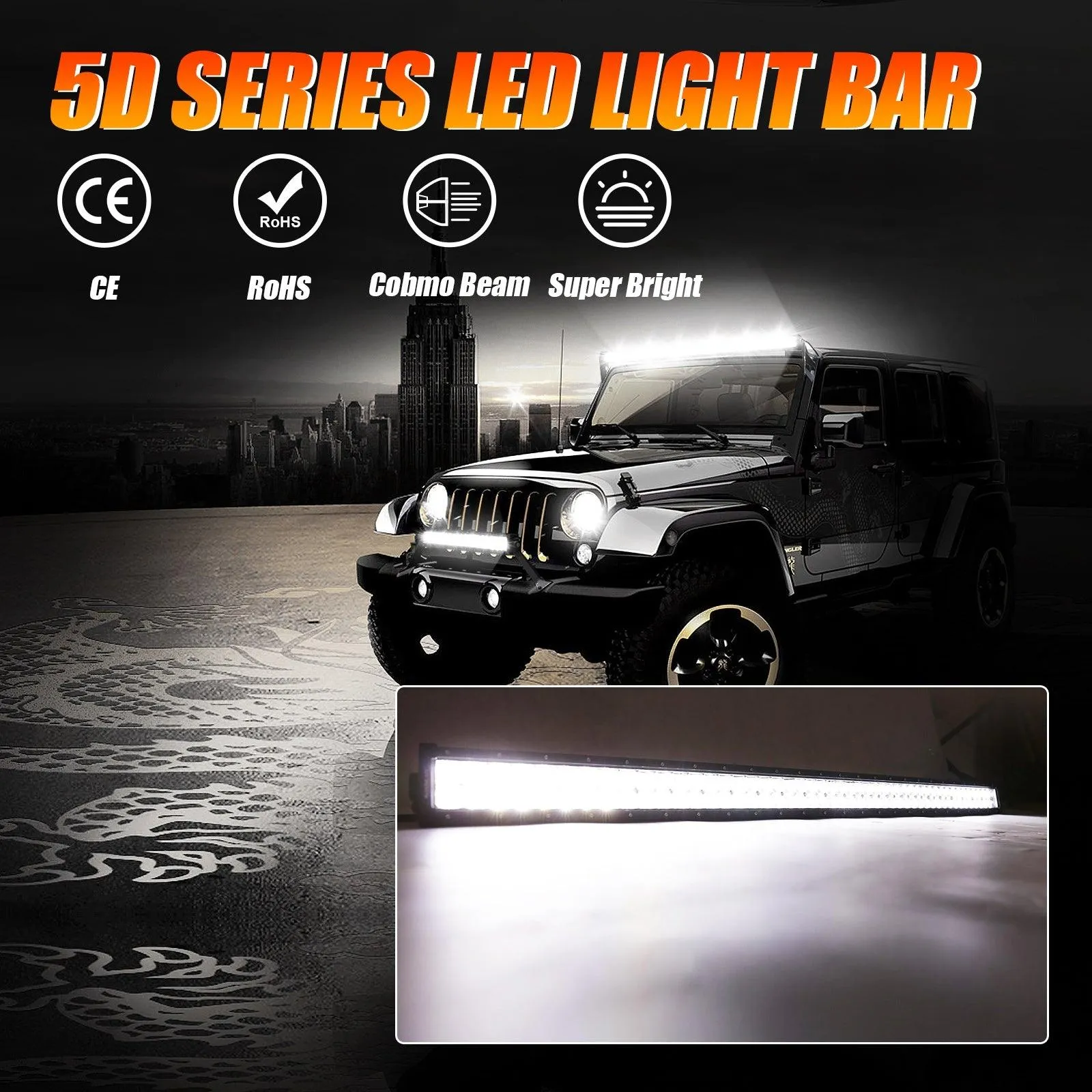 52" 5D Series LED Light Bars   4" Classic-SM Series Dual Row Spot Beam LED Pods Light   52" Straight Light Bar 2 IN 1 Windshield Mounting Brackets for 2018-2021 Jeep Wrangler JL