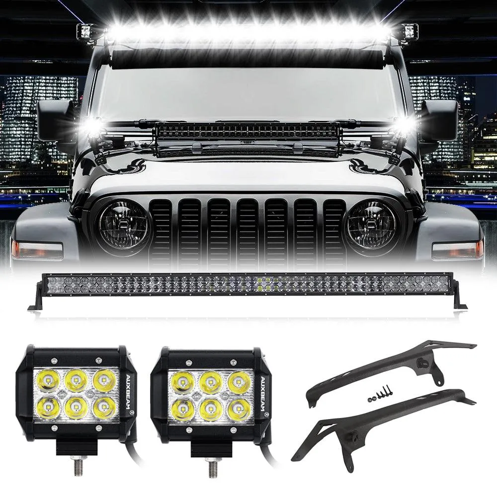 52" 5D Series LED Light Bars   4" Classic-SM Series Dual Row Spot Beam LED Pods Light   52" Straight Light Bar 2 IN 1 Windshield Mounting Brackets for 2018-2021 Jeep Wrangler JL