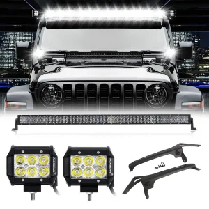 52" 5D Series LED Light Bars   4" Classic-SM Series Dual Row Spot Beam LED Pods Light   52" Straight Light Bar 2 IN 1 Windshield Mounting Brackets for 2018-2021 Jeep Wrangler JL