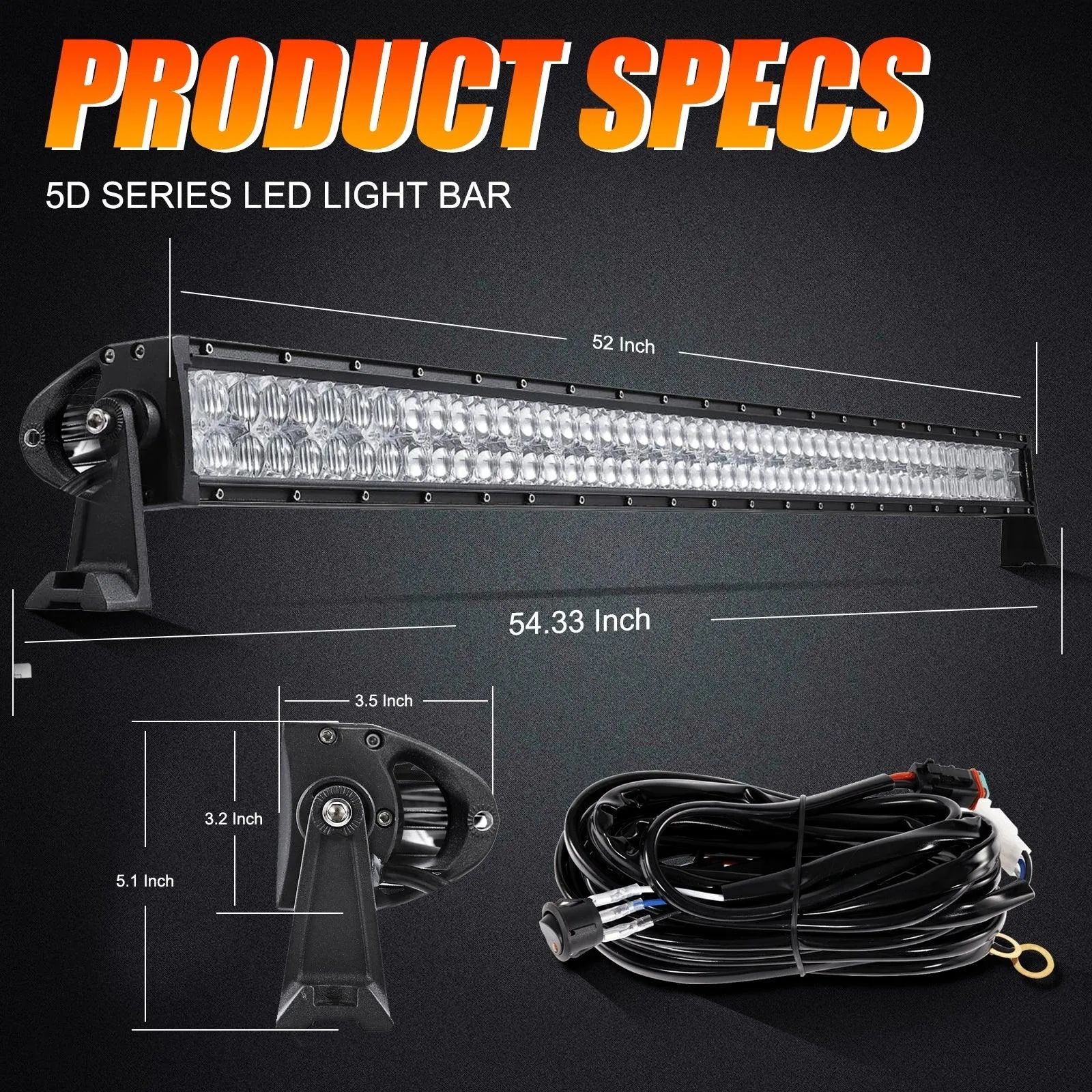 52" 5D Series LED Light Bars   4" Classic-SM Series Dual Row Spot Beam LED Pods Light   52" Straight Light Bar 2 IN 1 Windshield Mounting Brackets for 2018-2021 Jeep Wrangler JL