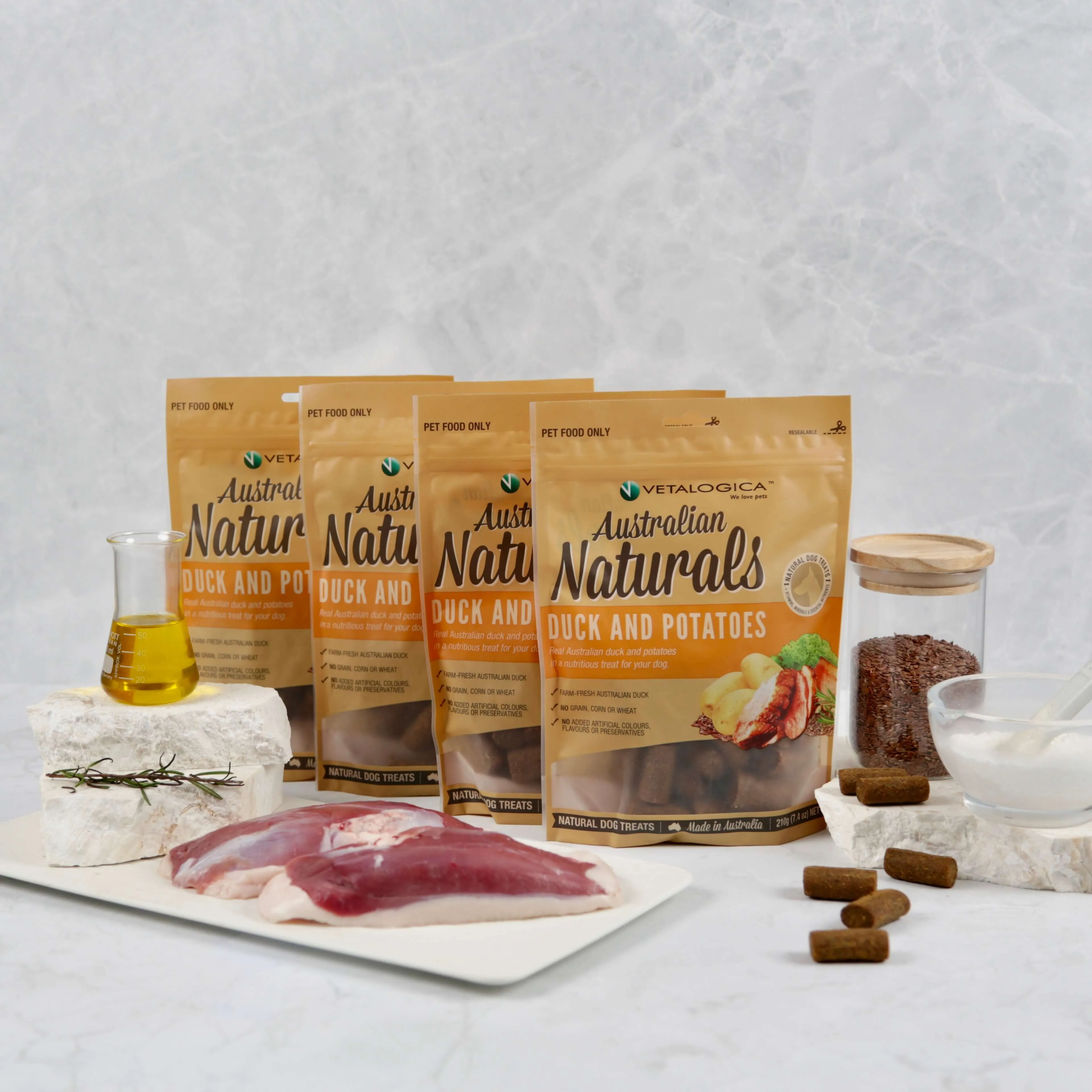 Bundle Pack of 4 x Australian Naturals Duck and Potato Treats for Dogs 210g