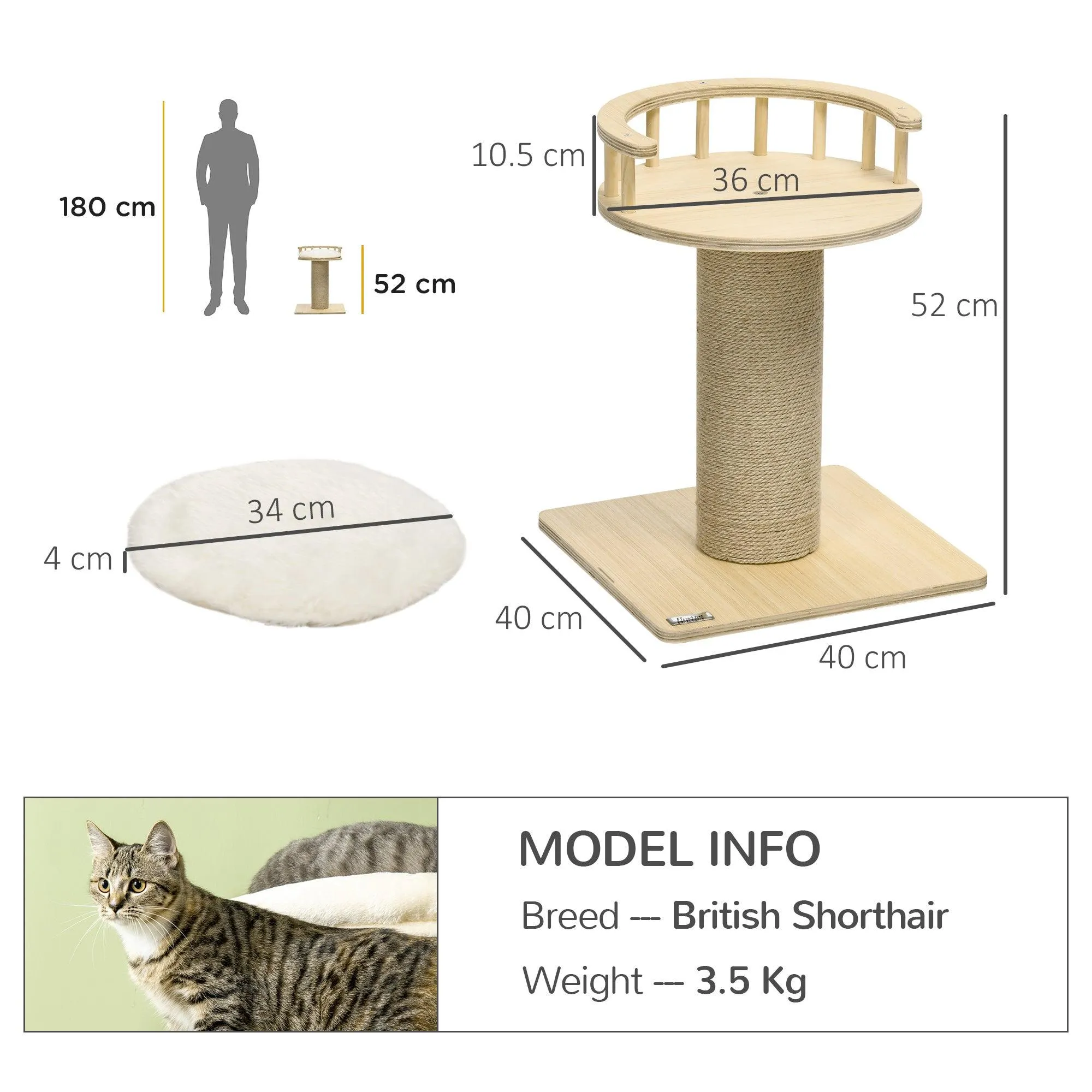 Cat Tower with Jute Scratching Post, 52cm - Natural