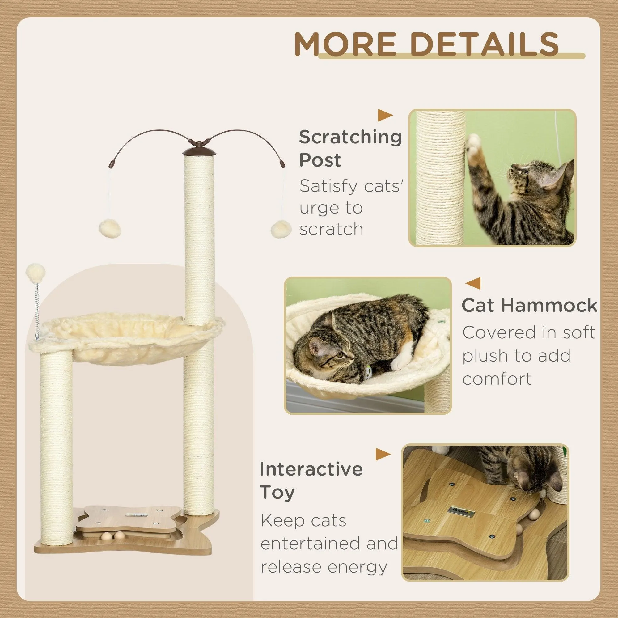 Cat Tree Kitten Play Tower with Hammock, 90cm - Beige