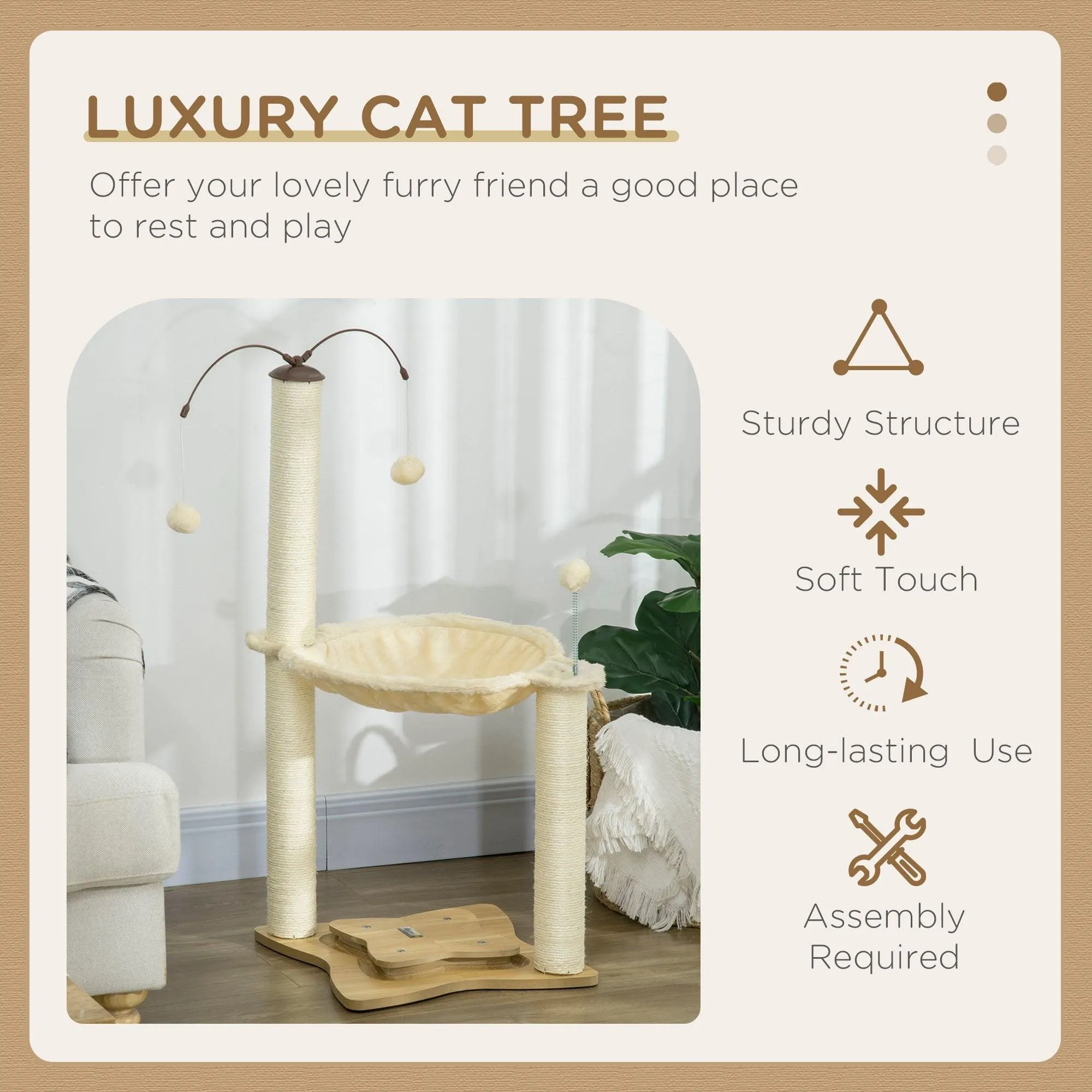 Cat Tree Kitten Play Tower with Hammock, 90cm - Beige