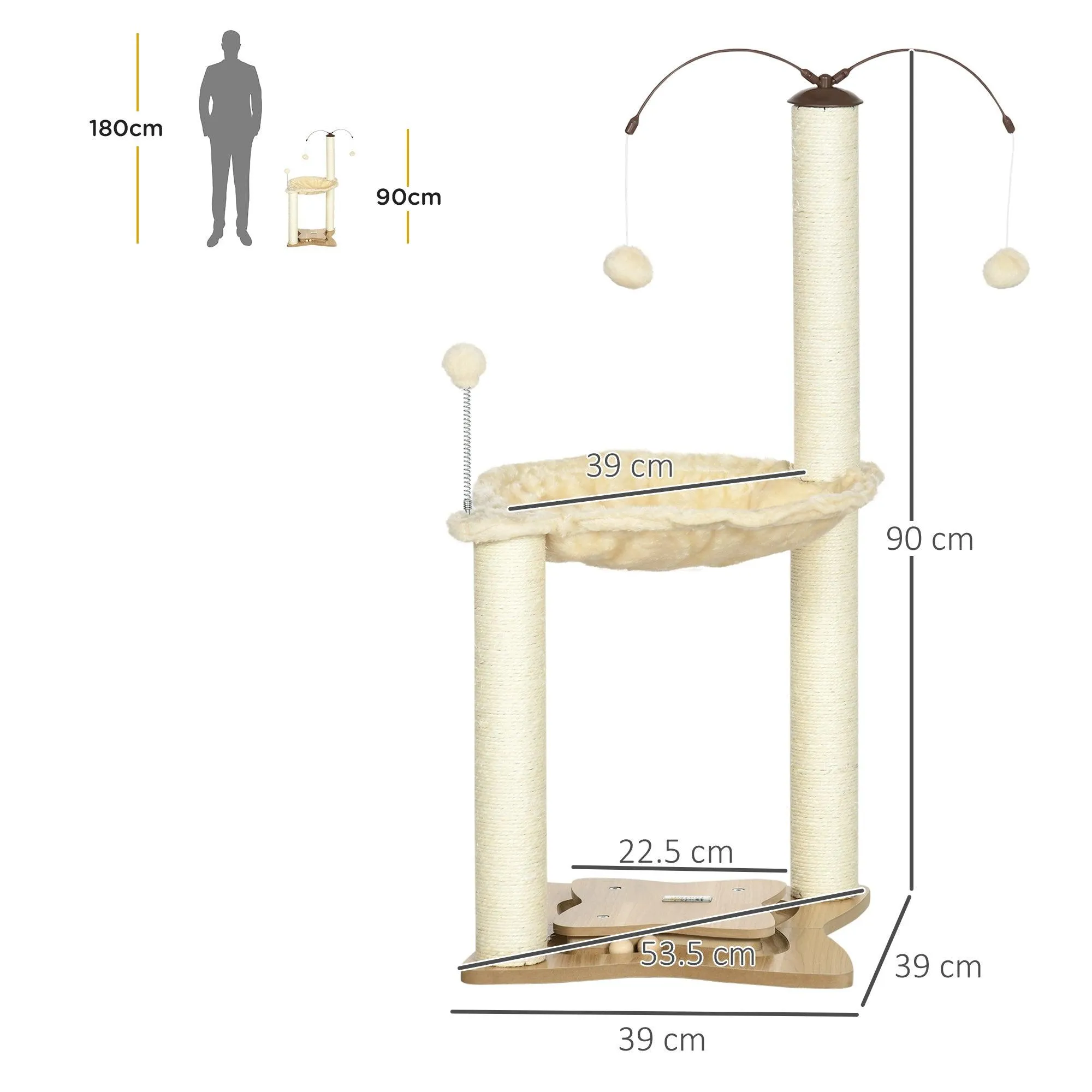 Cat Tree Kitten Play Tower with Hammock, 90cm - Beige
