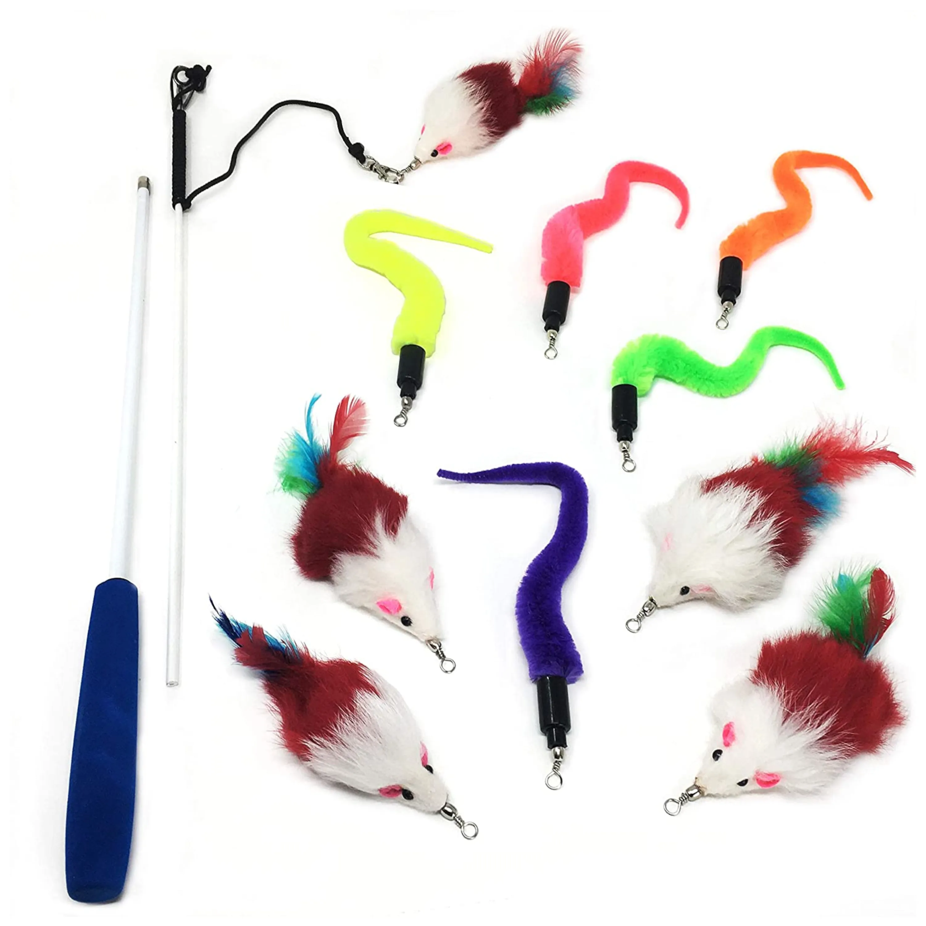 Cat Wand with 5 Squiggly Worms and 5 Mice