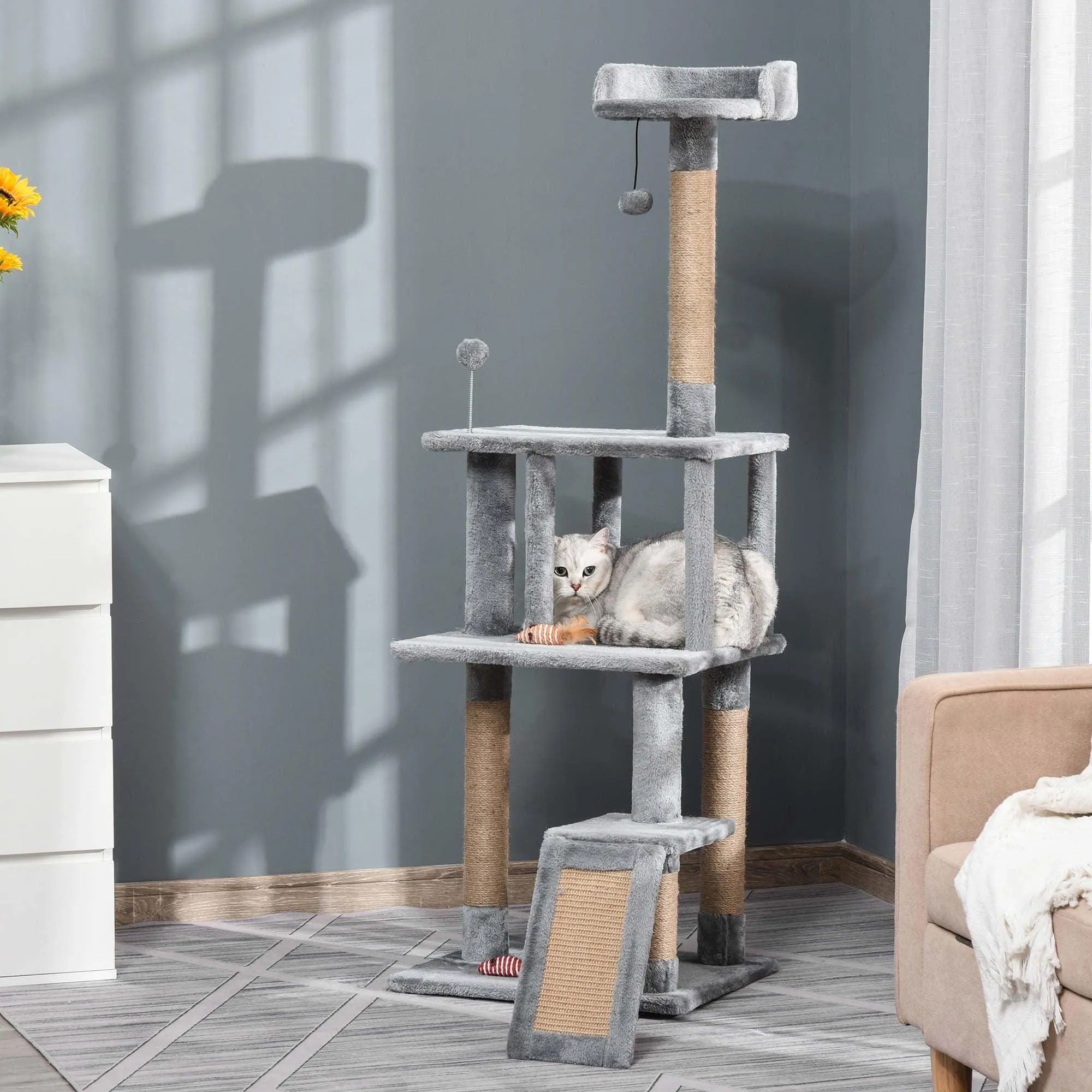 Climbing Activity Centre Cat Tree 142cm w/ Scratchers - Light Grey