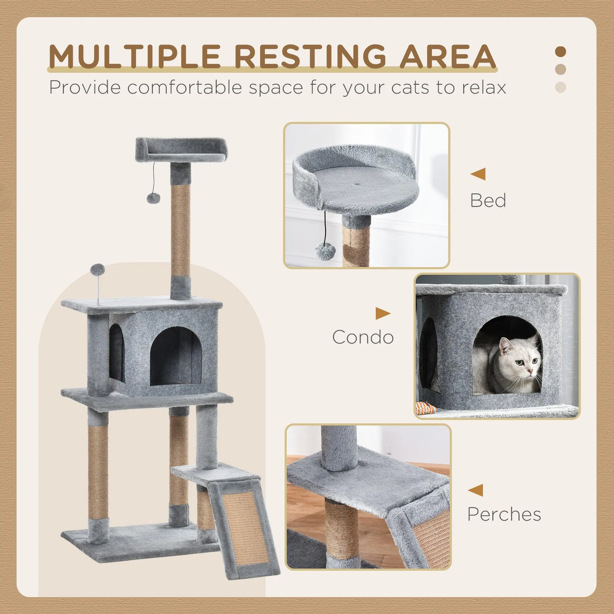 Climbing Activity Centre Cat Tree 142cm w/ Scratchers - Light Grey