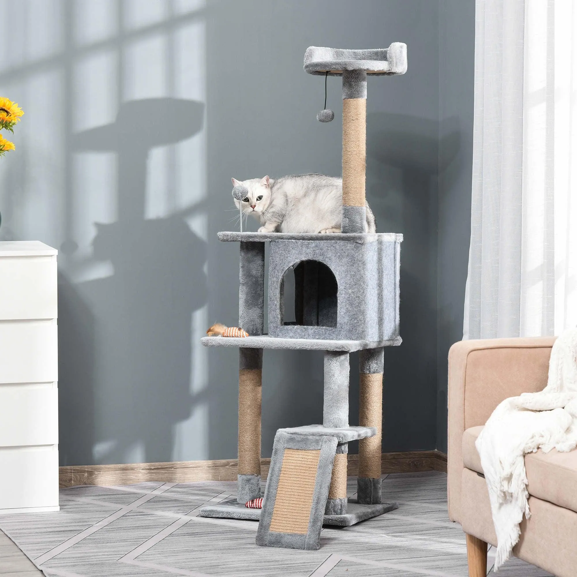 Climbing Activity Centre Cat Tree 142cm w/ Scratchers - Light Grey