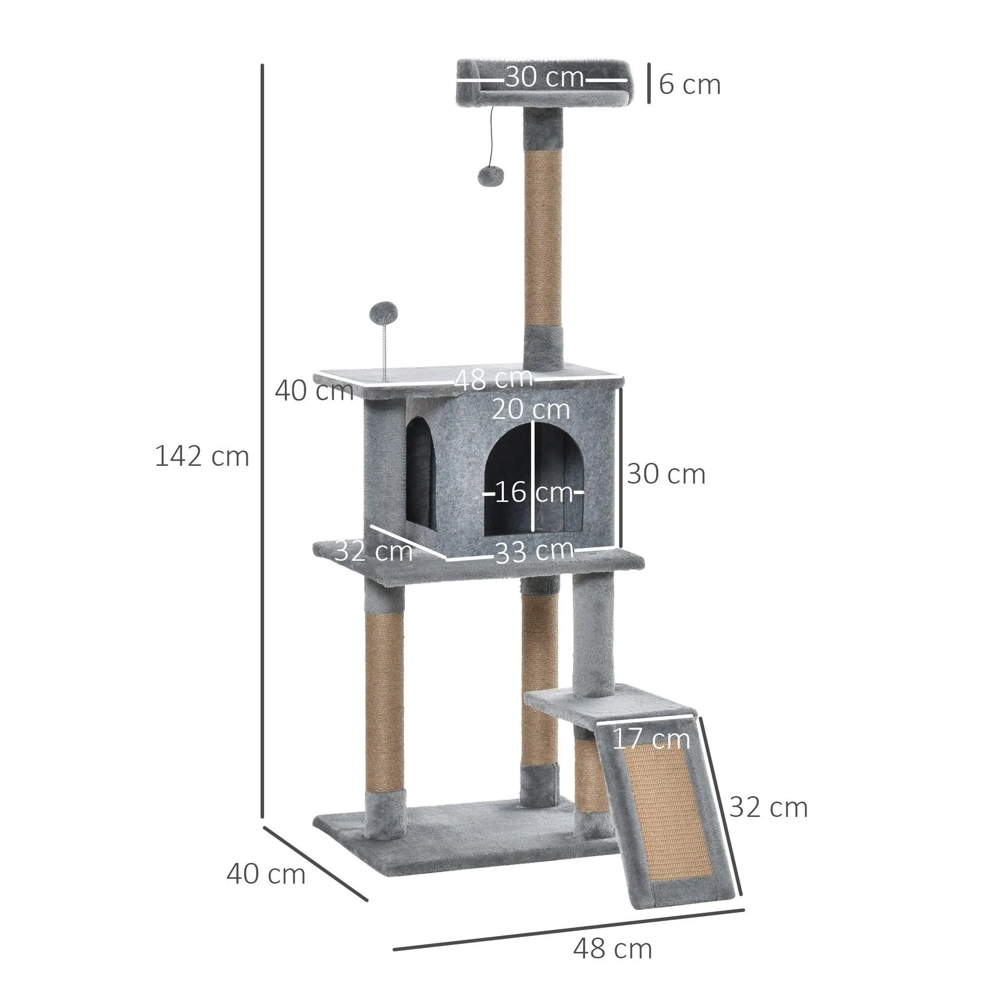 Climbing Activity Centre Cat Tree 142cm w/ Scratchers - Light Grey