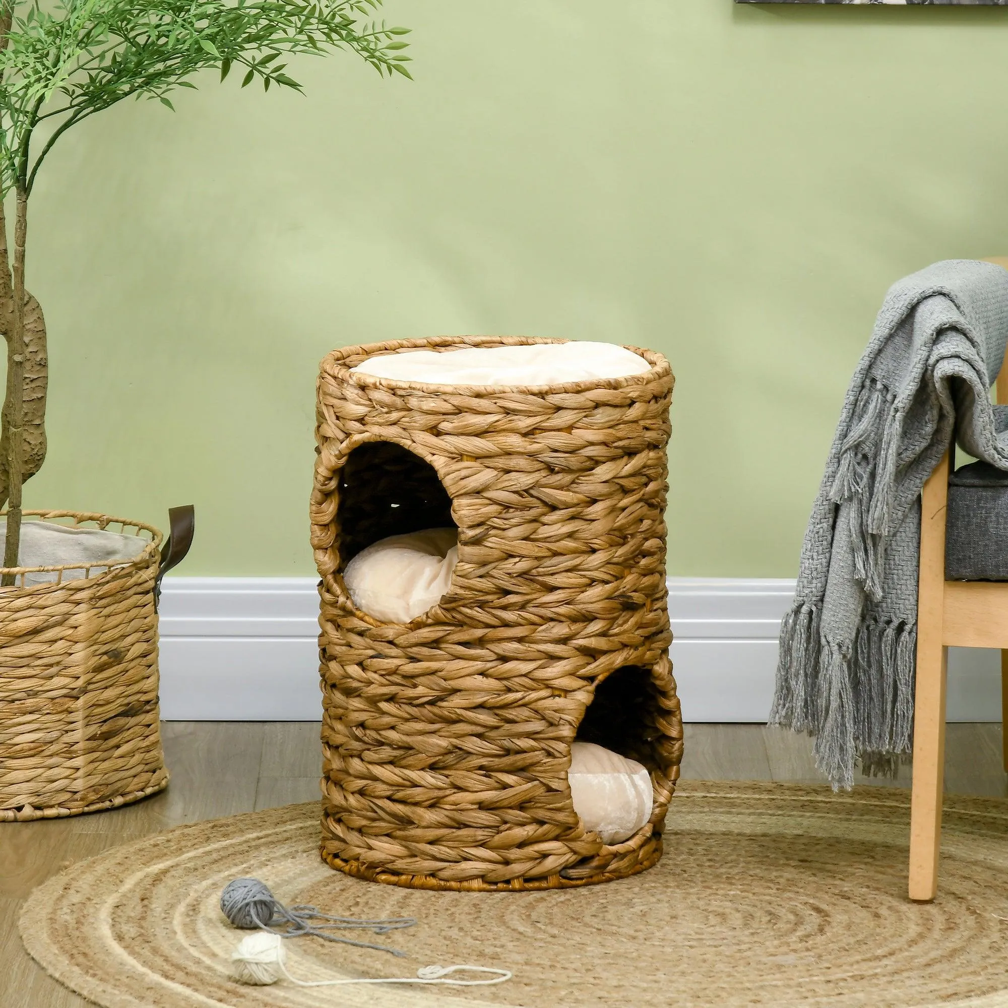 Indoor Cat Barrel Tree with 2 Cat Houses, 47cm - Light Brown