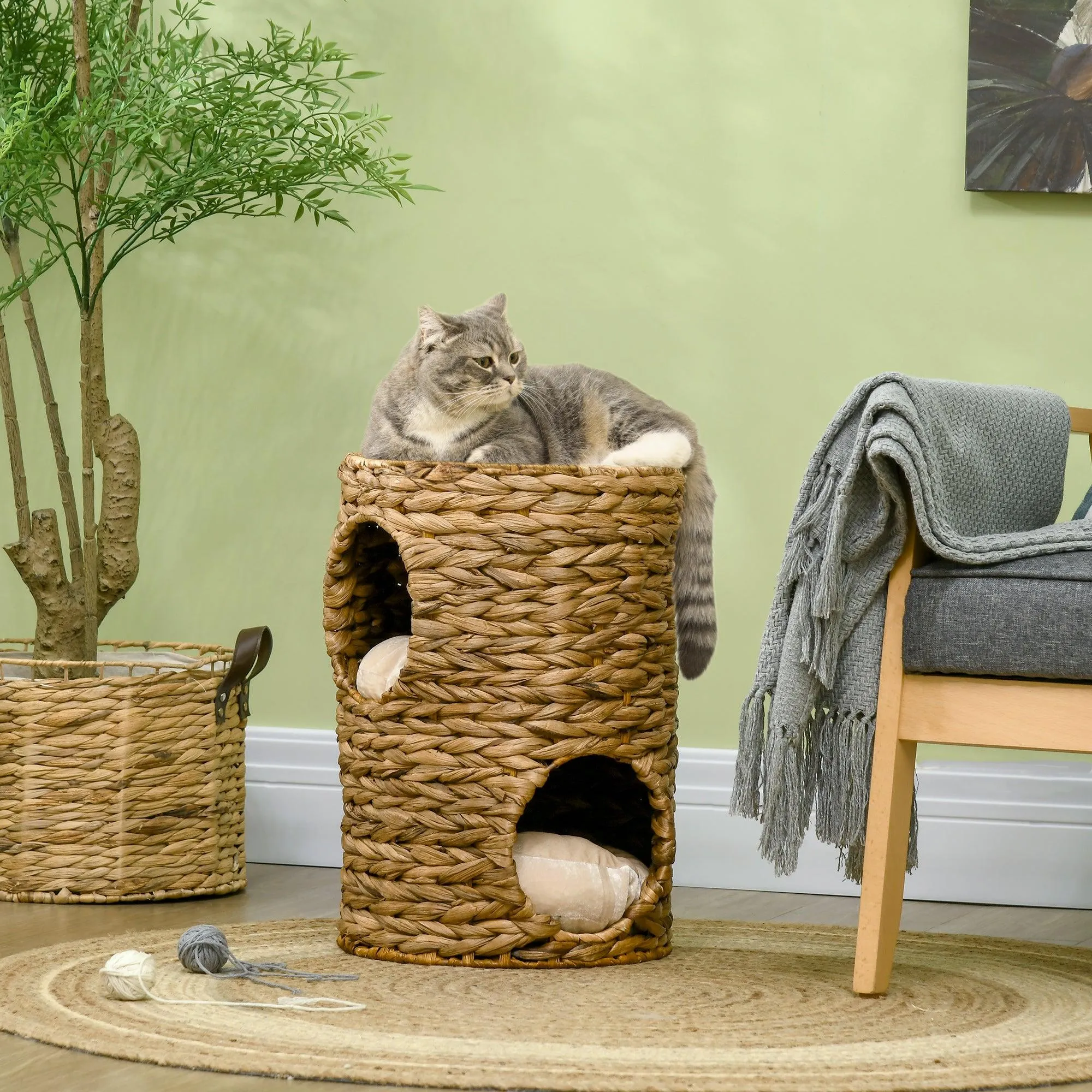 Indoor Cat Barrel Tree with 2 Cat Houses, 47cm - Light Brown