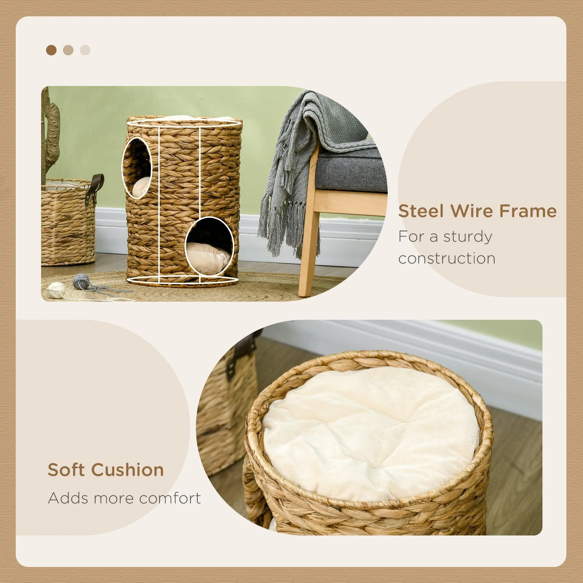 Indoor Cat Barrel Tree with 2 Cat Houses, 47cm - Light Brown