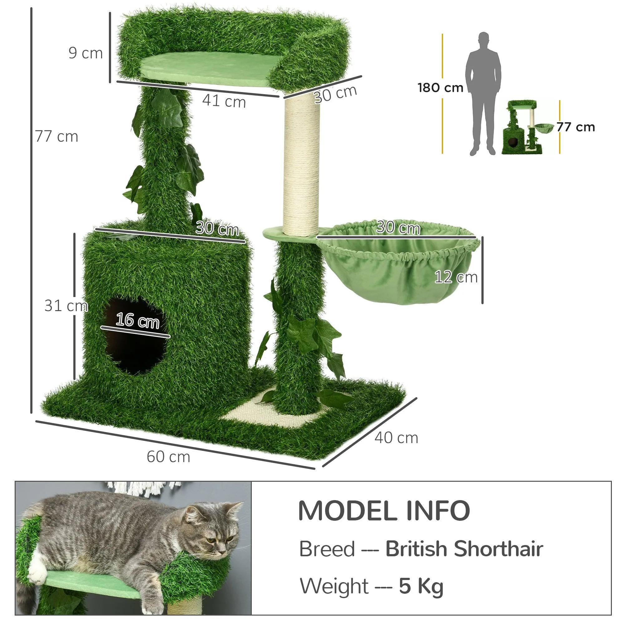Indoor Cat Climbing Tree with Green Leaves, 77cm - Green & White