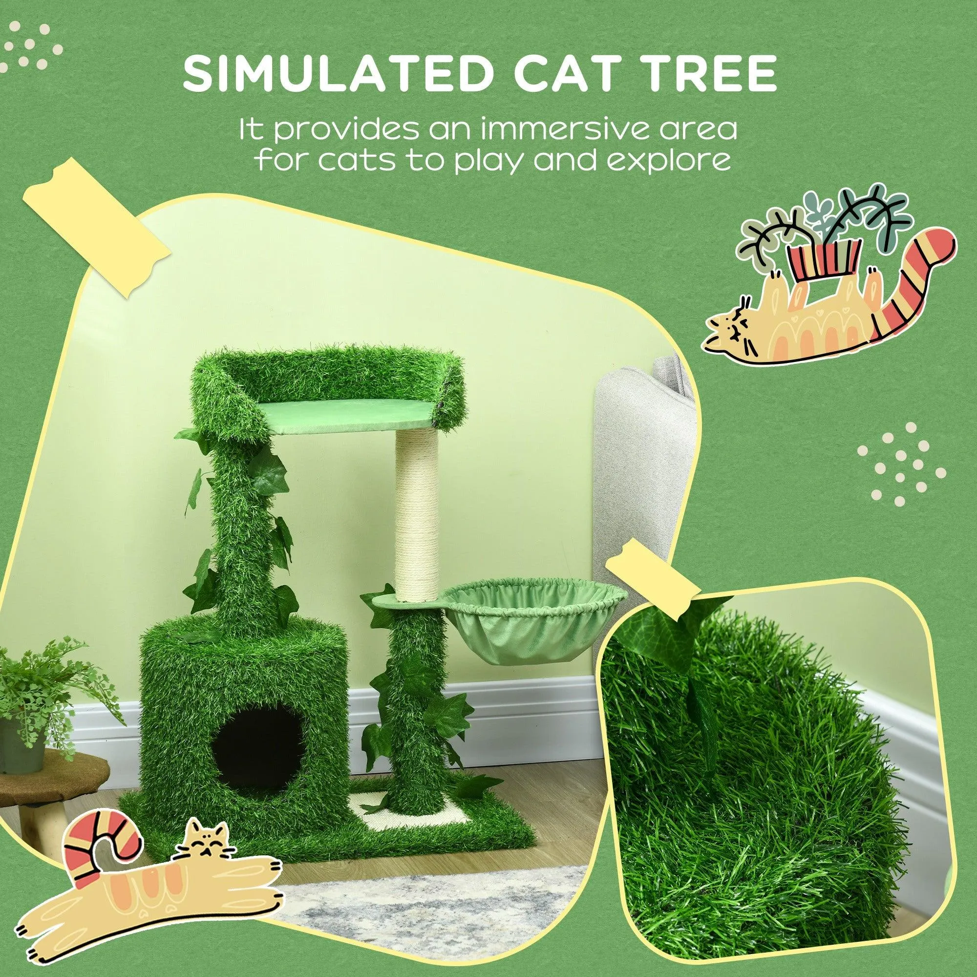 Indoor Cat Climbing Tree with Green Leaves, 77cm - Green & White