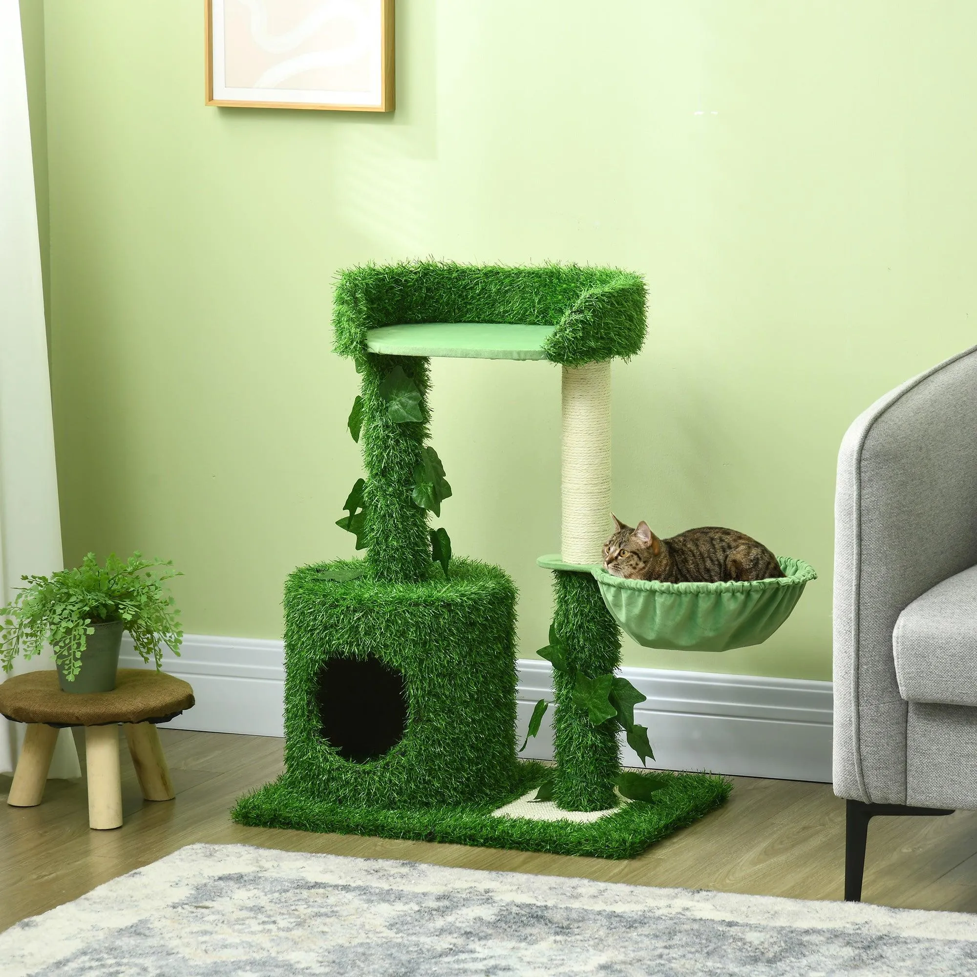 Indoor Cat Climbing Tree with Green Leaves, 77cm - Green & White