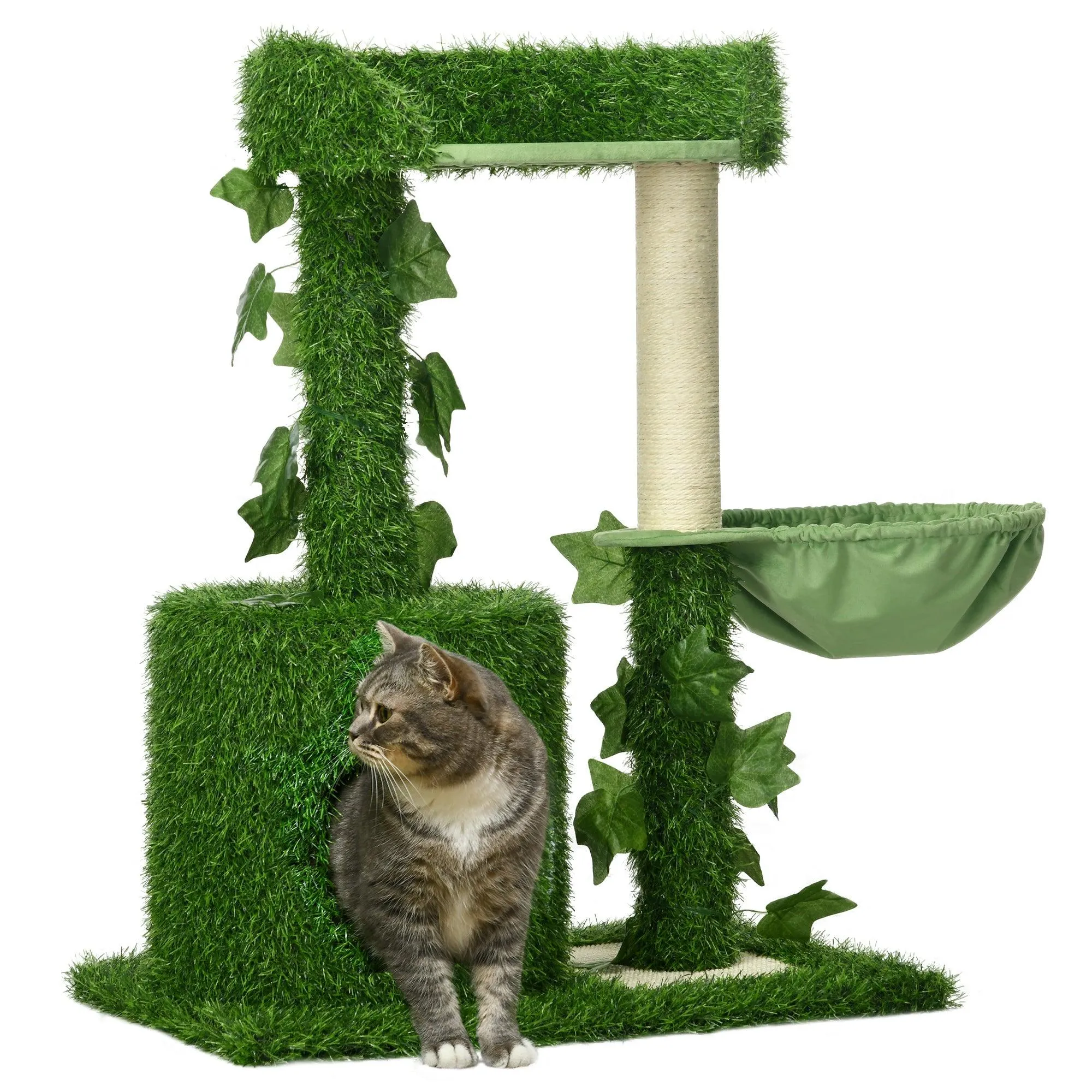 Indoor Cat Climbing Tree with Green Leaves, 77cm - Green & White