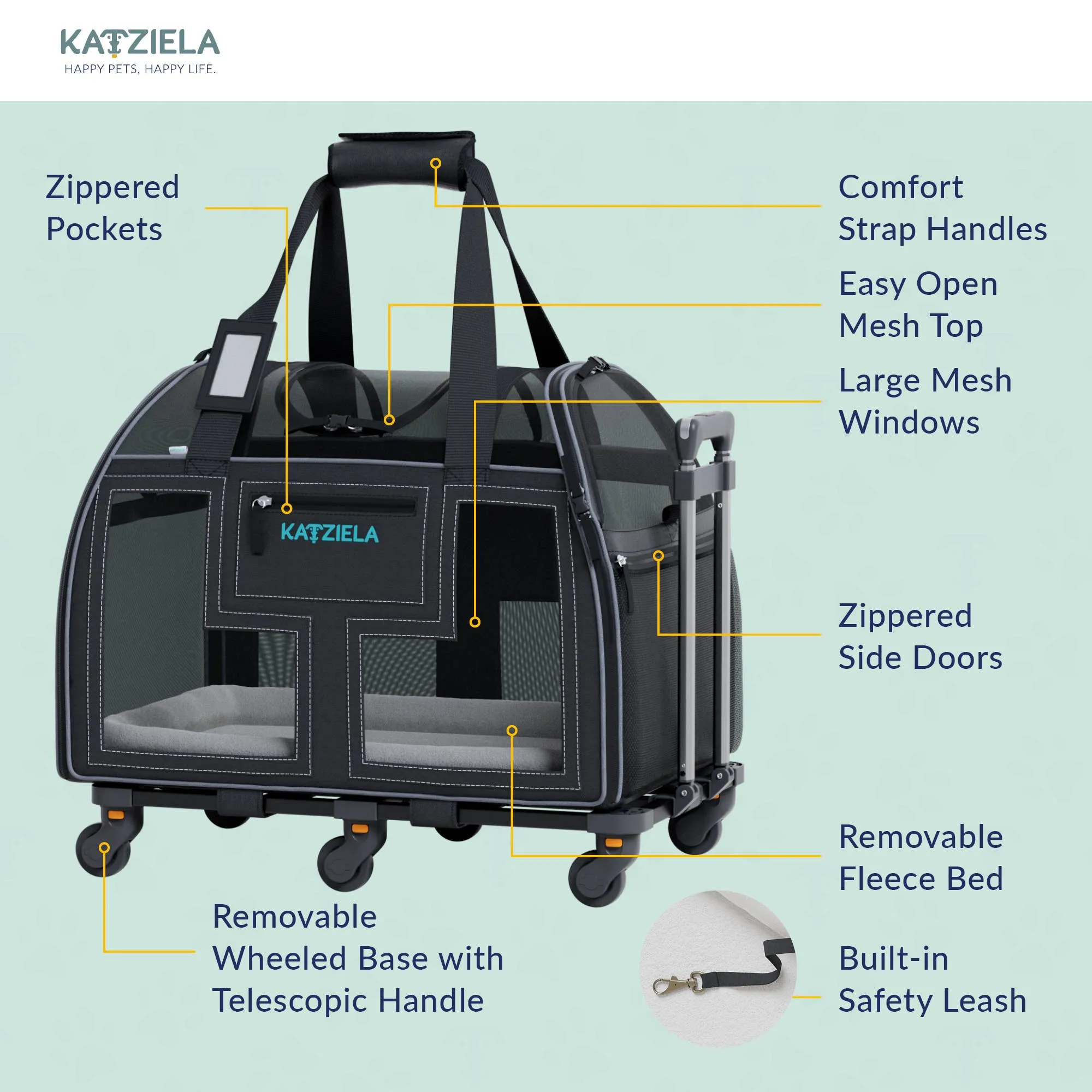 Katziela - Luxury Lorry PRO Pet Carrier with Removable Wheels ligth Gray