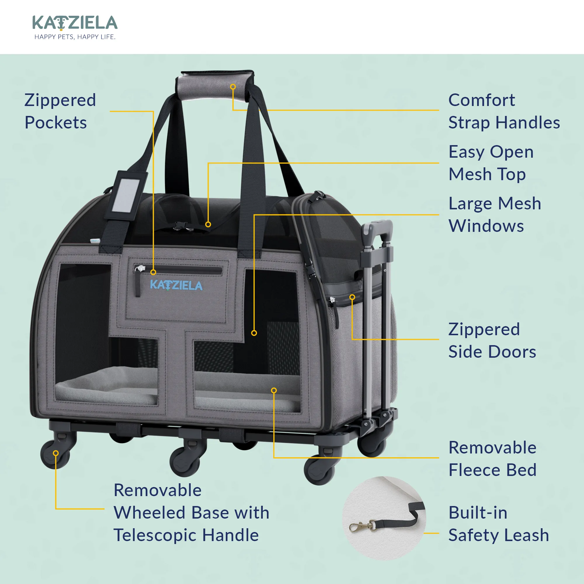 Katziela - Luxury Lorry PRO Pet Carrier with Removable Wheels ligth Gray