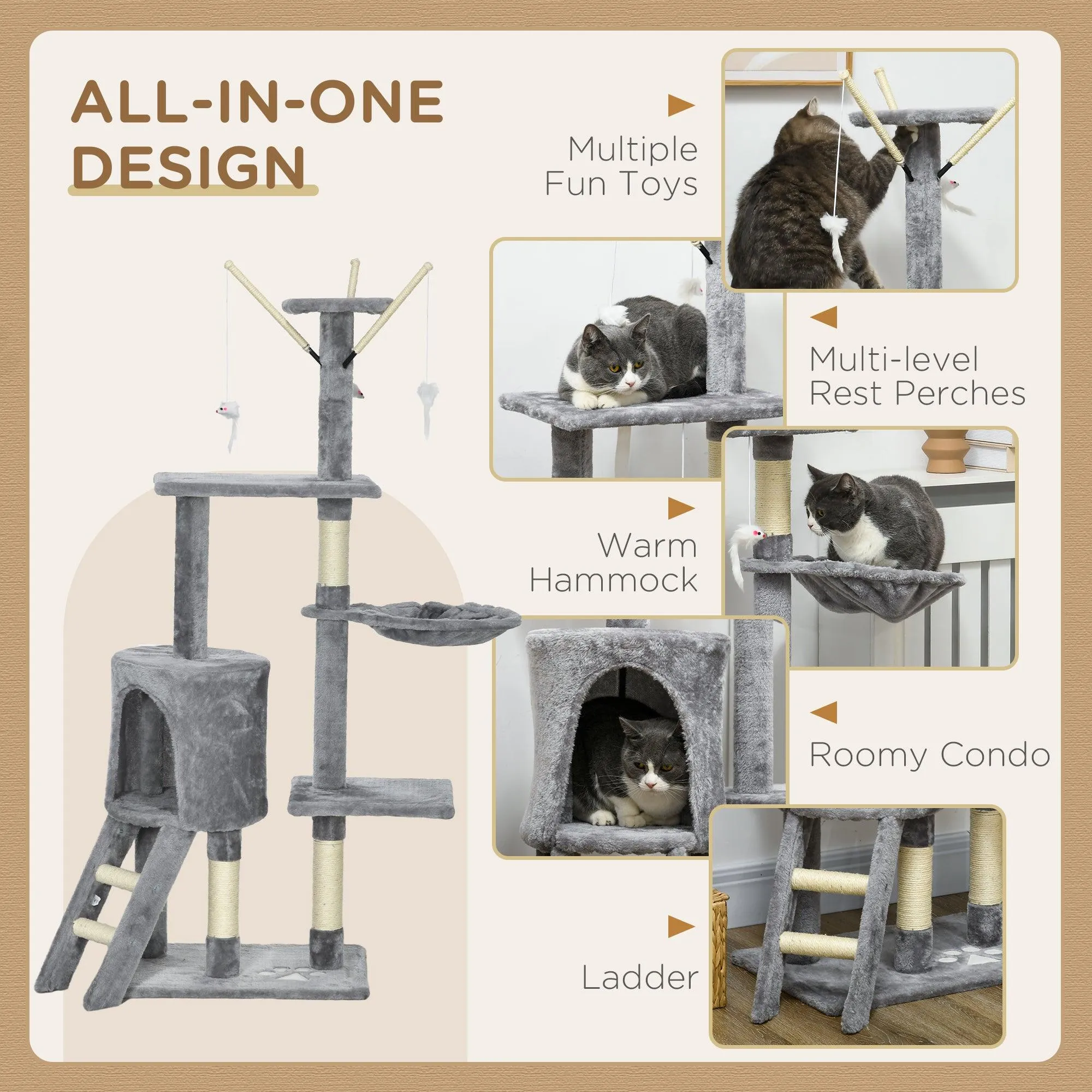 Multi-level Cat Scratching Post Tower with Ladder, 134.2cm - Grey