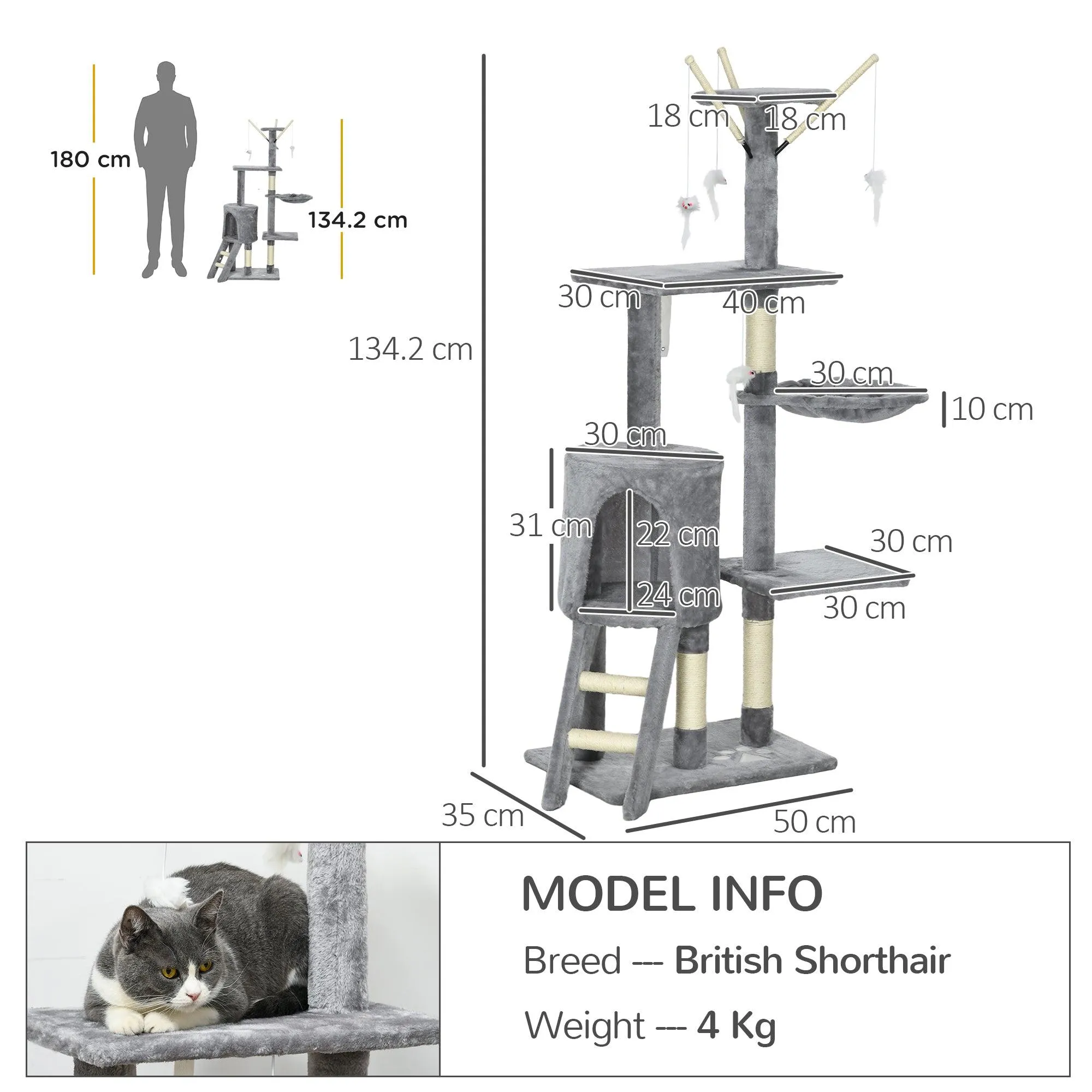 Multi-level Cat Scratching Post Tower with Ladder, 134.2cm - Grey