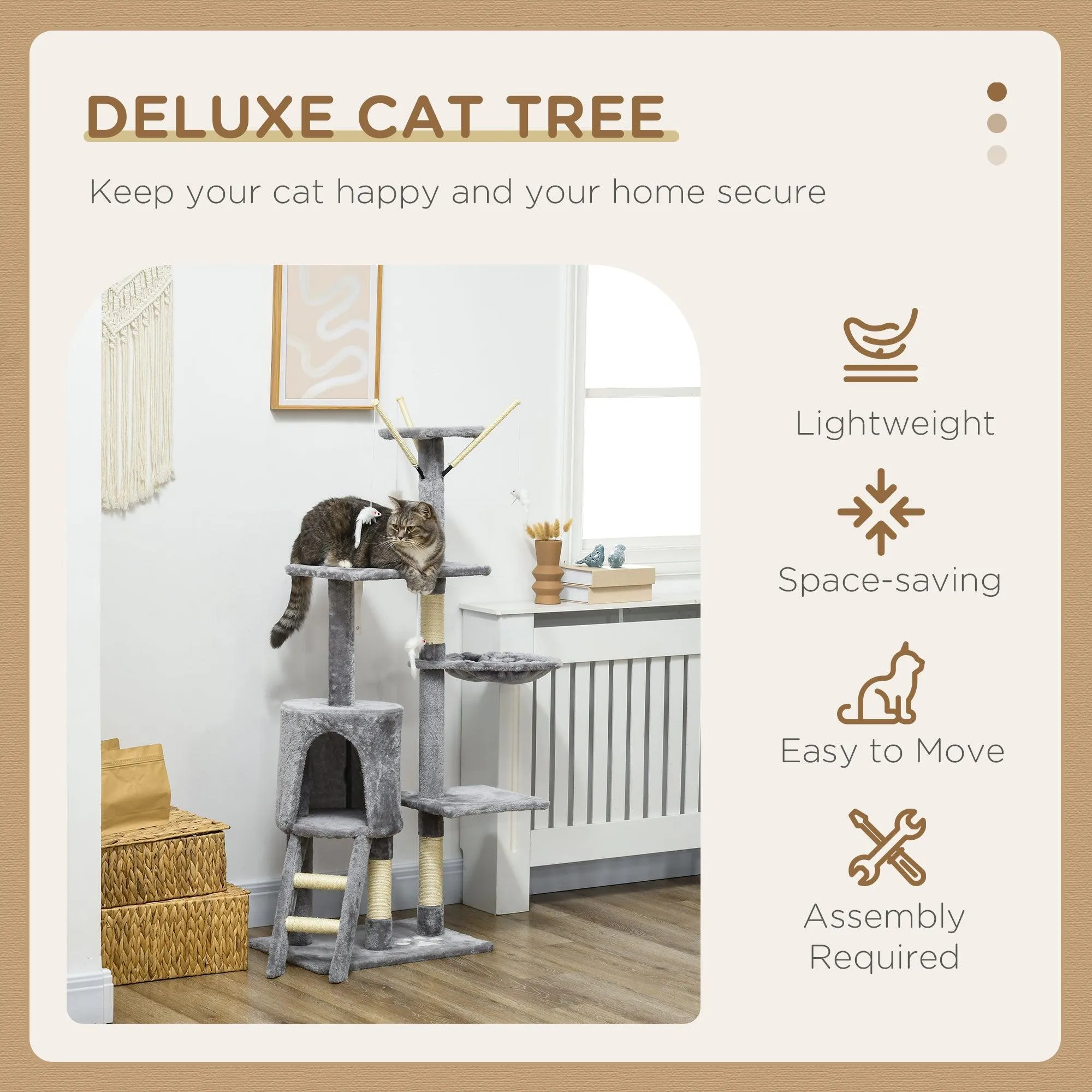 Multi-level Cat Scratching Post Tower with Ladder, 134.2cm - Grey