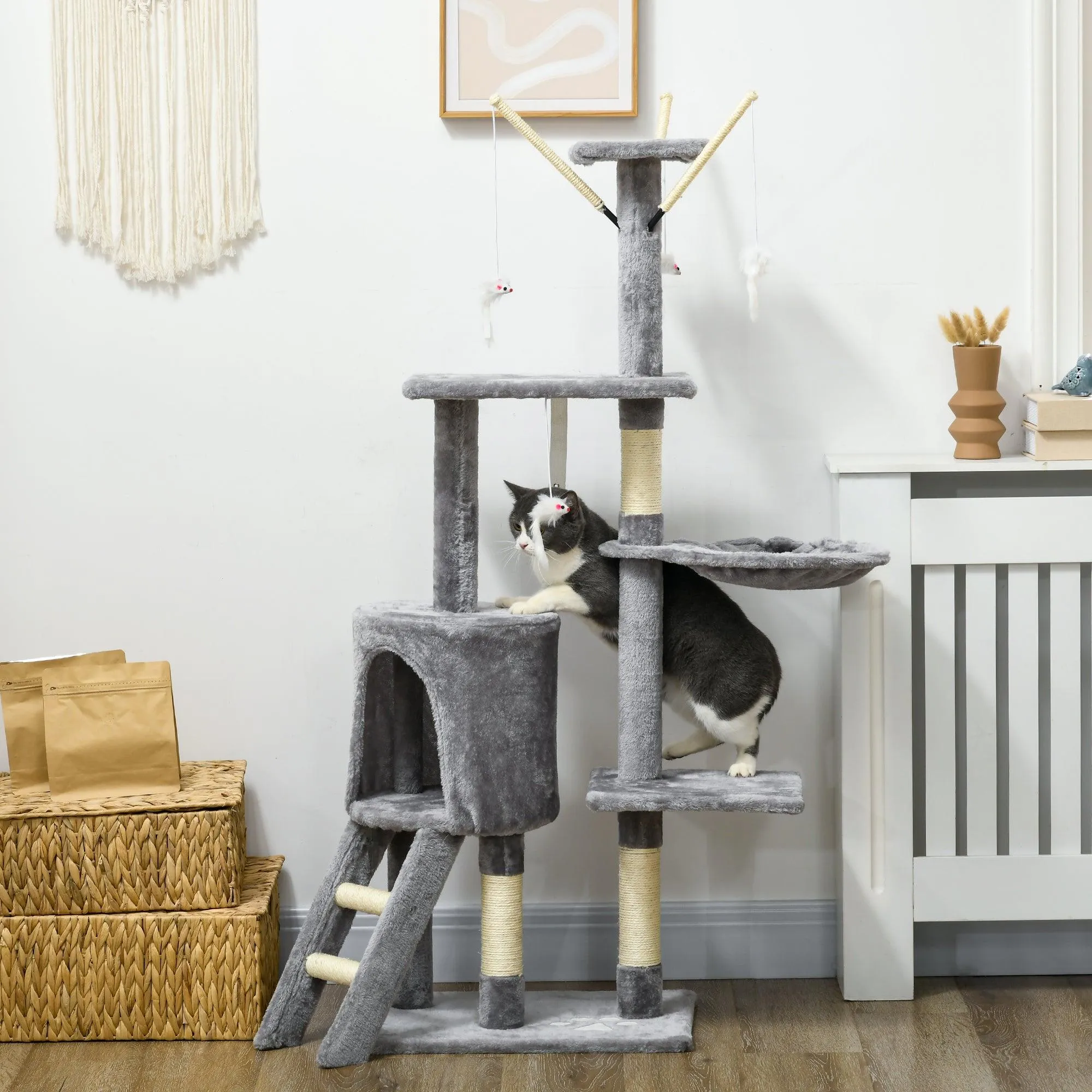 Multi-level Cat Scratching Post Tower with Ladder, 134.2cm - Grey