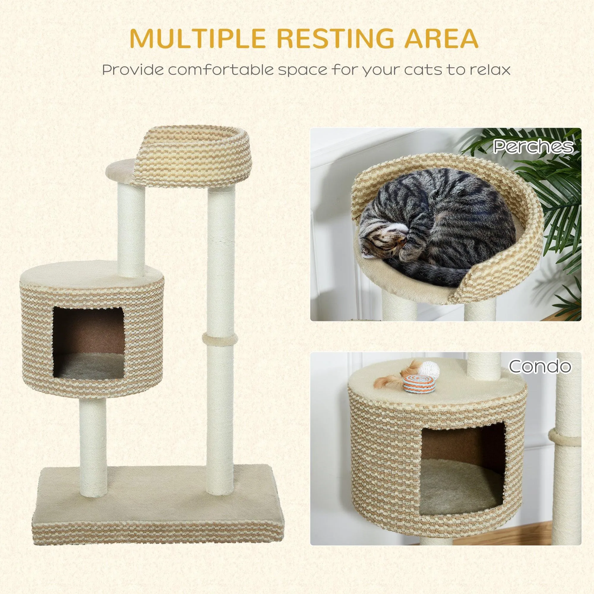 Multi-Level Cat Tower with Jute Scratching Posts, 96cm - Grey