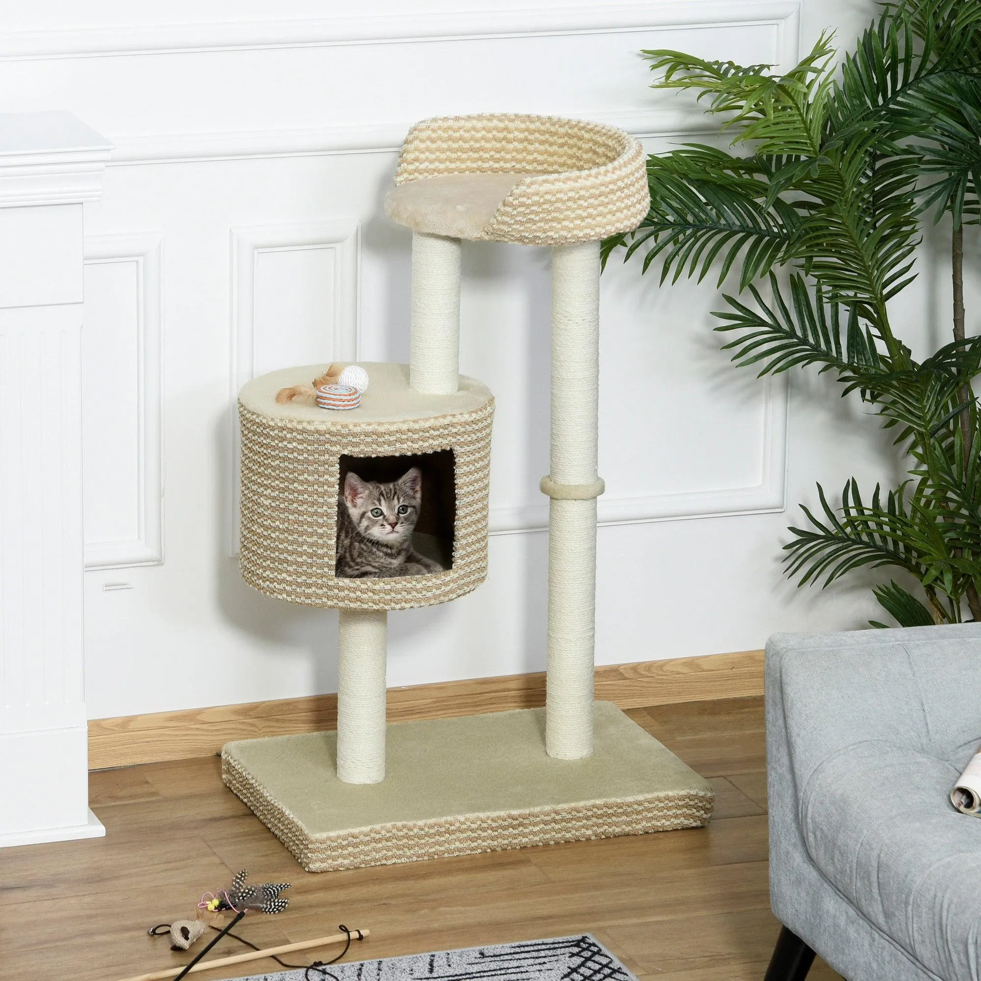 Multi-Level Cat Tower with Jute Scratching Posts, 96cm - Grey