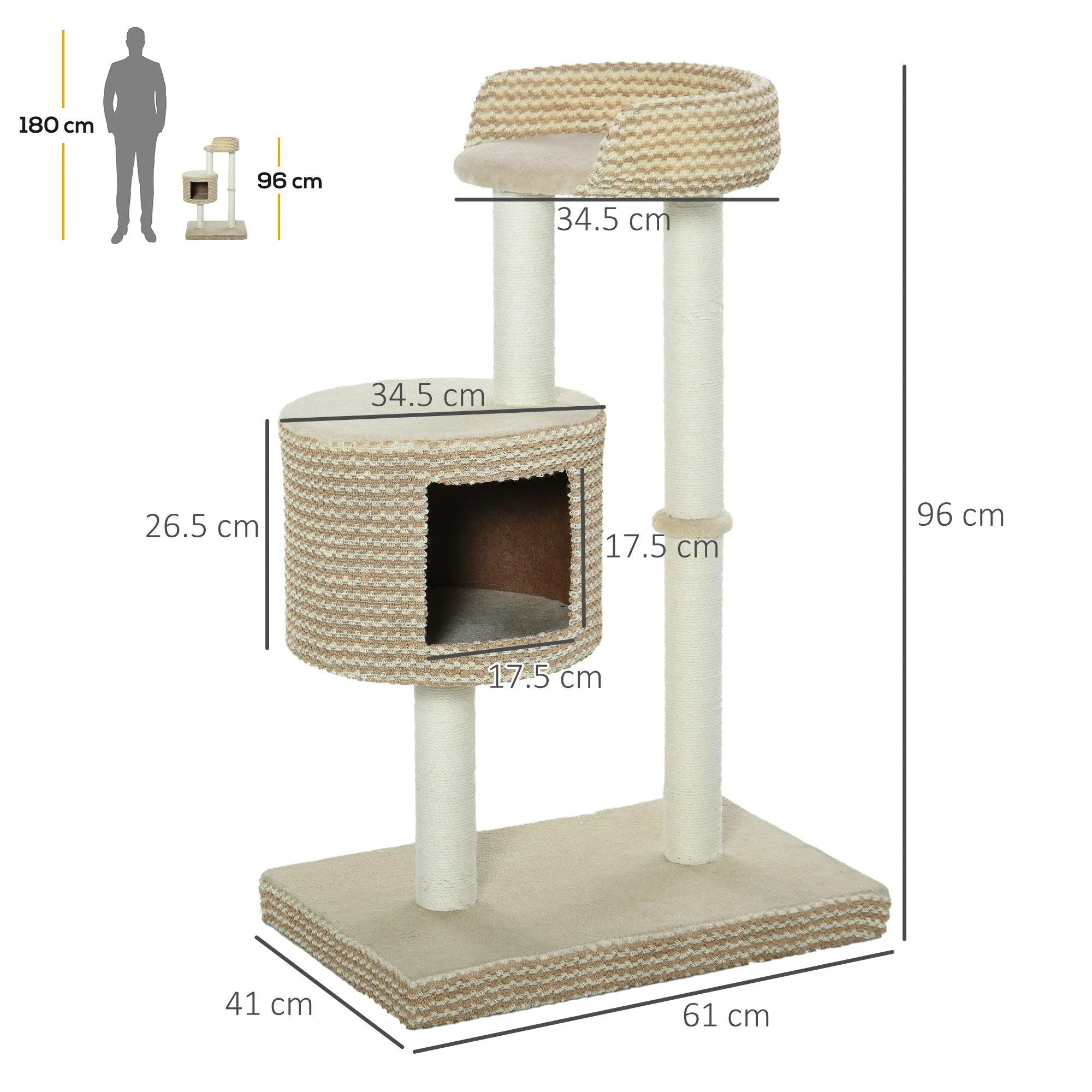 Multi-Level Cat Tower with Jute Scratching Posts, 96cm - Grey