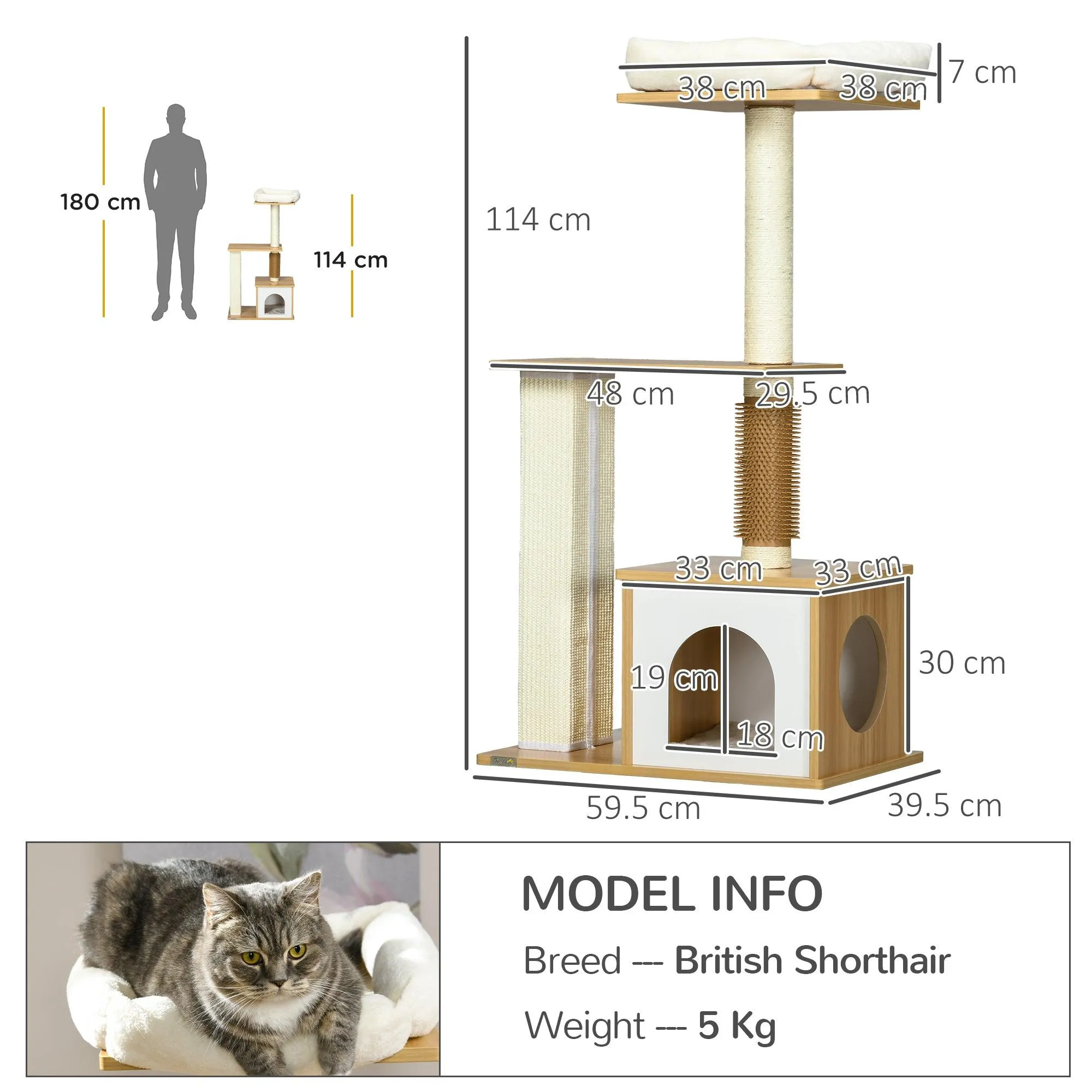 Multi-level Cat Tree w/ Scratchers, Perches, Cat House, 114cm - Oak