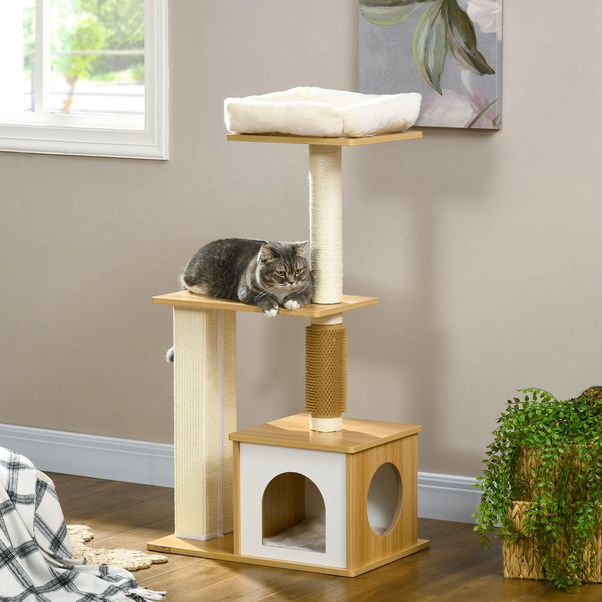 Multi-level Cat Tree w/ Scratchers, Perches, Cat House, 114cm - Oak