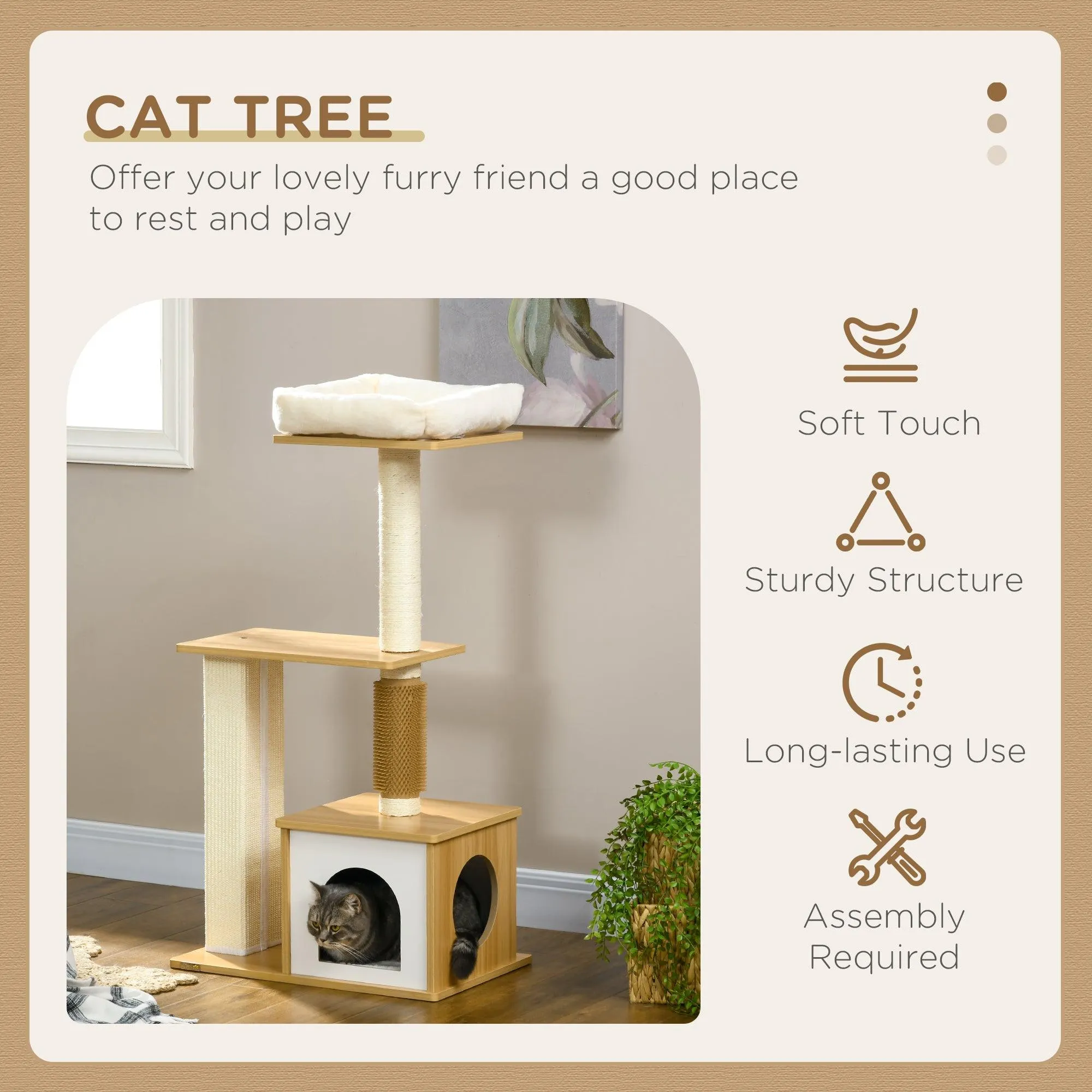 Multi-level Cat Tree w/ Scratchers, Perches, Cat House, 114cm - Oak