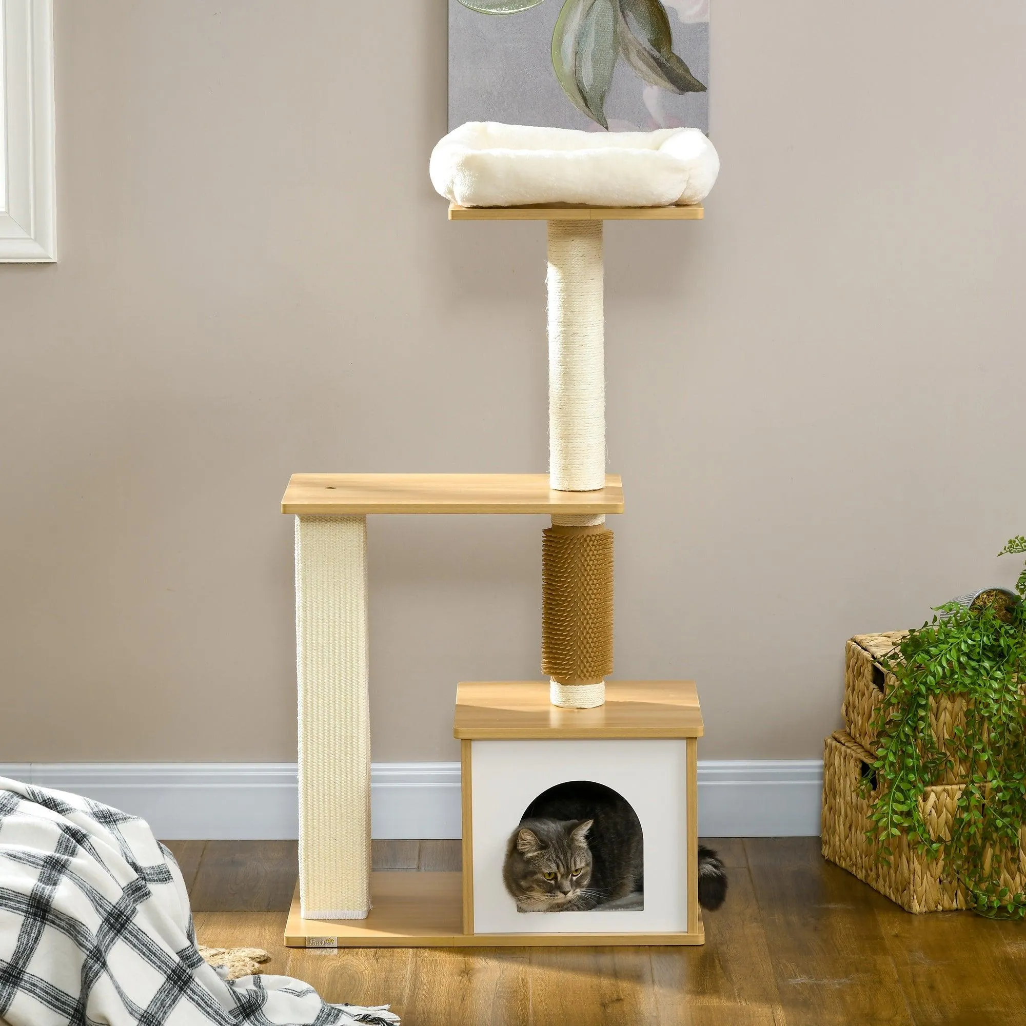 Multi-level Cat Tree w/ Scratchers, Perches, Cat House, 114cm - Oak